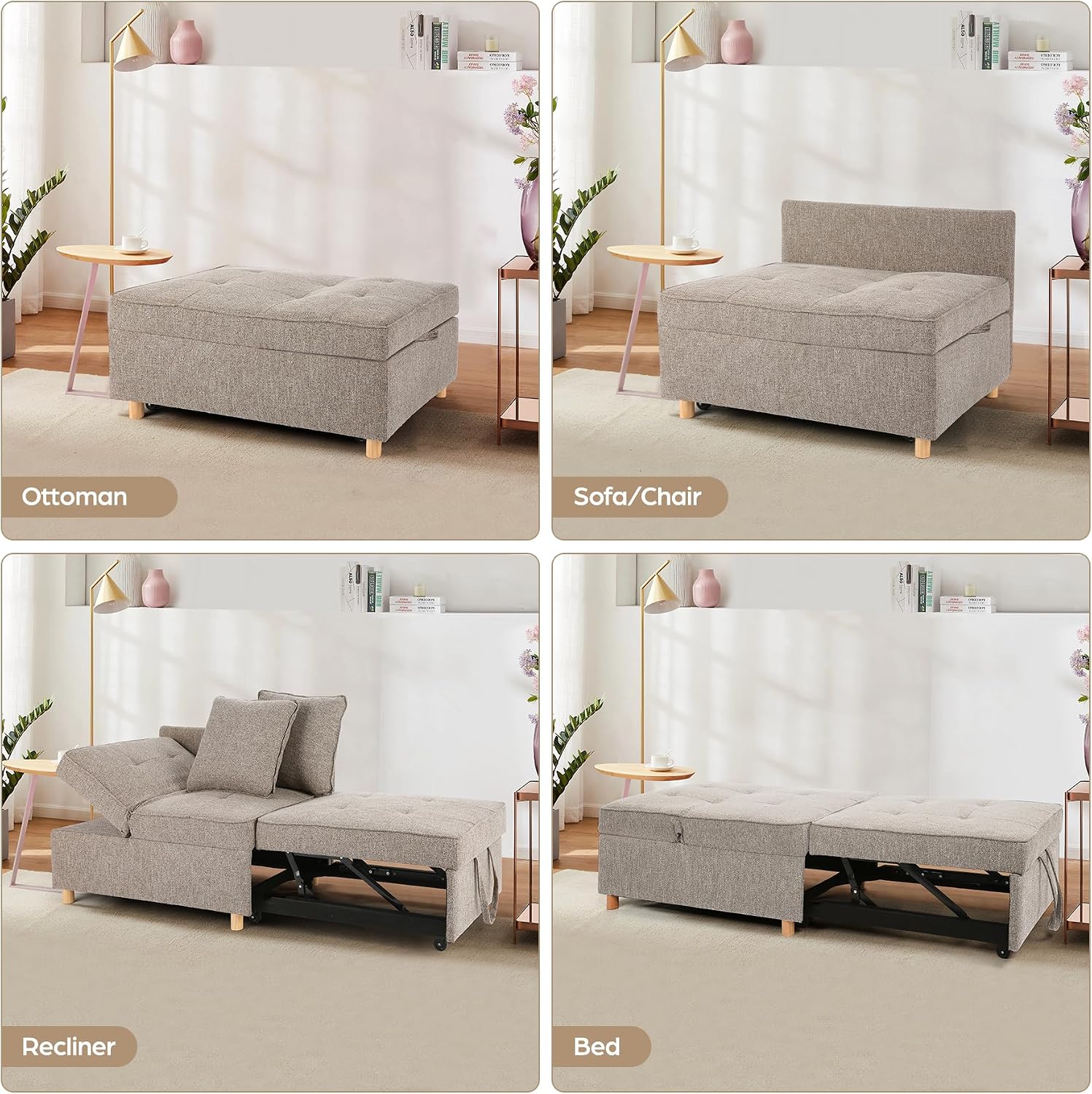 SEJOV Sofa Bed Chair 4-in-1 Convertible Chair Bed, 3-Seat Linen Fabric loveseat Sofa with 2 Throw Pillow, Single Recliner for Small Space with 5 Adjustable Backrest, Brown Grey