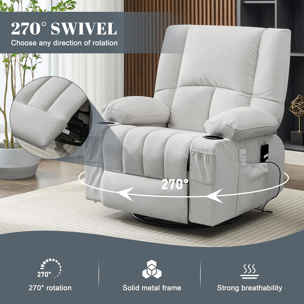 Rocker Recliner Chair with Heat and Massage, 360° Swivel Recliner Chairs for Adults, Oversized Recliner Single Sofa Seat with Cup Holders, Lazy Boy Recliner Single Sofa (Electric, Grey)