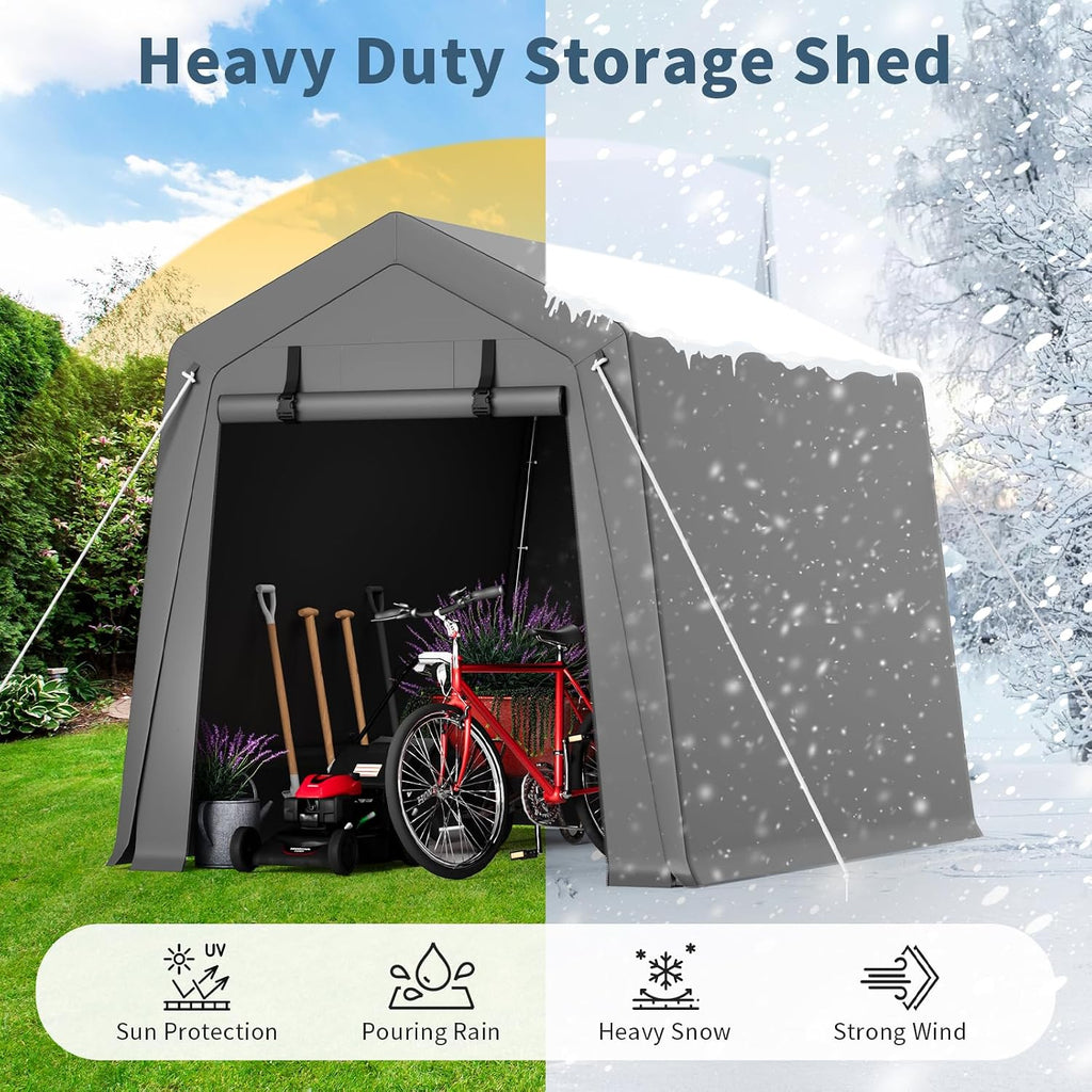 6x8FT Portable Outdoor Garage, Waterproof & UV-Resistant Portable Storage Shed with 2 Roll-Up Doors, Carport Tent for Motorcycle, Bike, and Tools