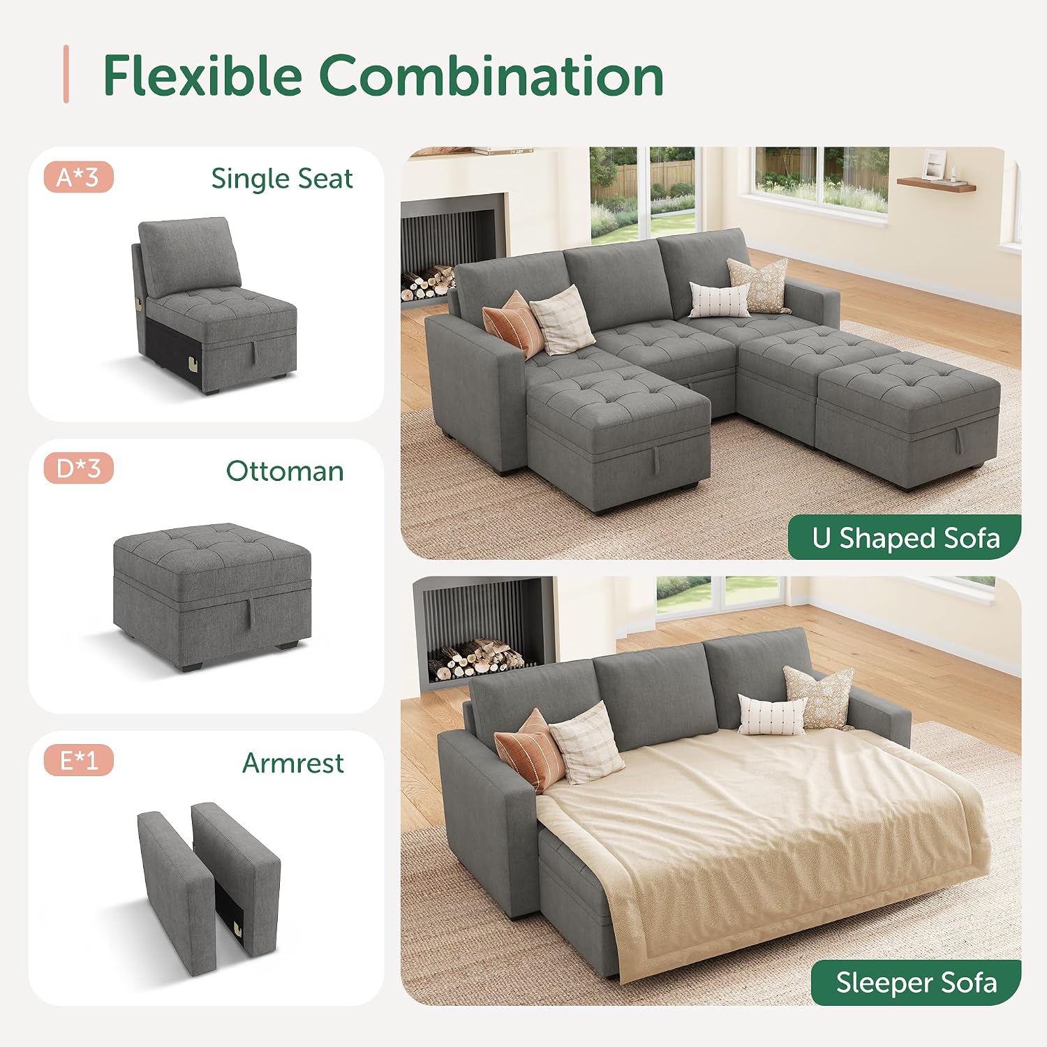 HONBAY Modular Sectional Sleeper Sofa, Sleeper Couch with Storage Seats Oversized Sectional Couches for Living Room,Warm Grey
