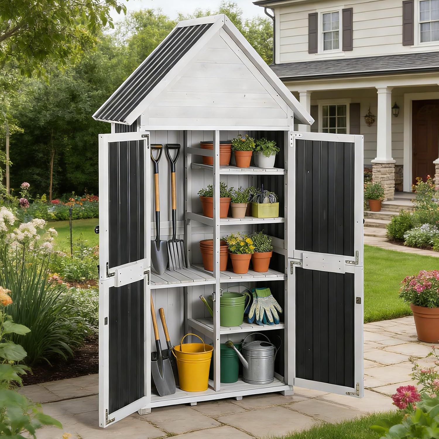 GUTINNEEN Outdoor Storage Shed with All Around Strong Metal Frame, Wooden Tool House with Floor & Adjustable Shelves, Garden Tool Sheds Cabinet for Backyard Garden Patio Lawn 67.1' H (Black＆White)