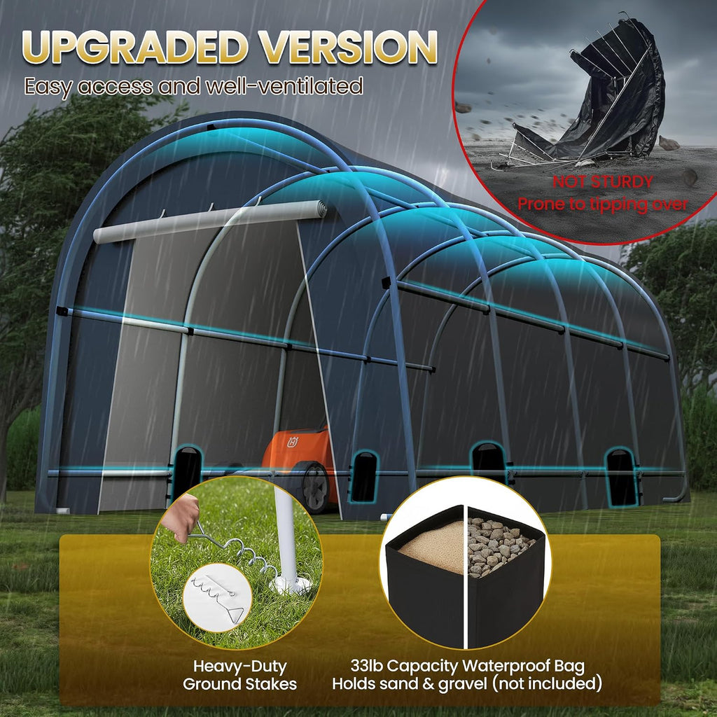Kiss the Water Domed Carport with 4 Cloth Bags, Portable Garage with 2 Roll-up Doors, Heavy Duty Car Canopy Party Tent, All-Season Storage Shelter Shed for Cars, Truck, or Garden Tools, 10' x 20'