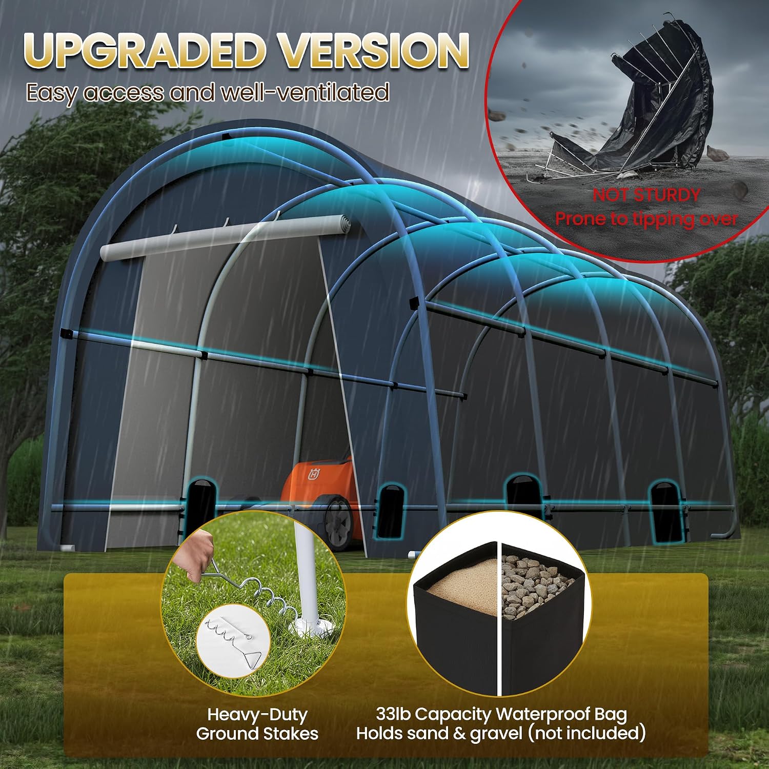 Kiss the Water Domed Carport with 4 Cloth Bags, Portable Garage with 2 Roll-up Doors, Heavy Duty Car Canopy Party Tent, All-Season Storage Shelter Shed for Cars, Truck, or Garden Tools, 10' x 20'