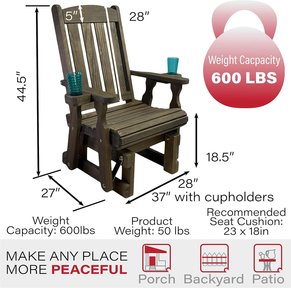 Amish Casual Heavy Duty 600 Lb Mission High Back Treated Glider Chair with Cupholders (Dark Walnut Stain)