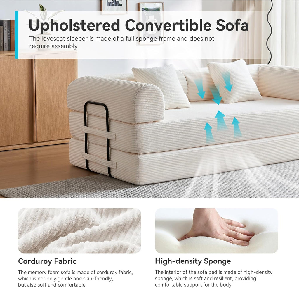 Convertible Folding Couch, 5-in-1 Futon Sofa with Armrests, Convertible Sleeper Sofa Bed Comfy Fold Out Bed for Living Room, Bedroom,Guest, Office, No Assembly Sofa for Small Spaces(Beige White)