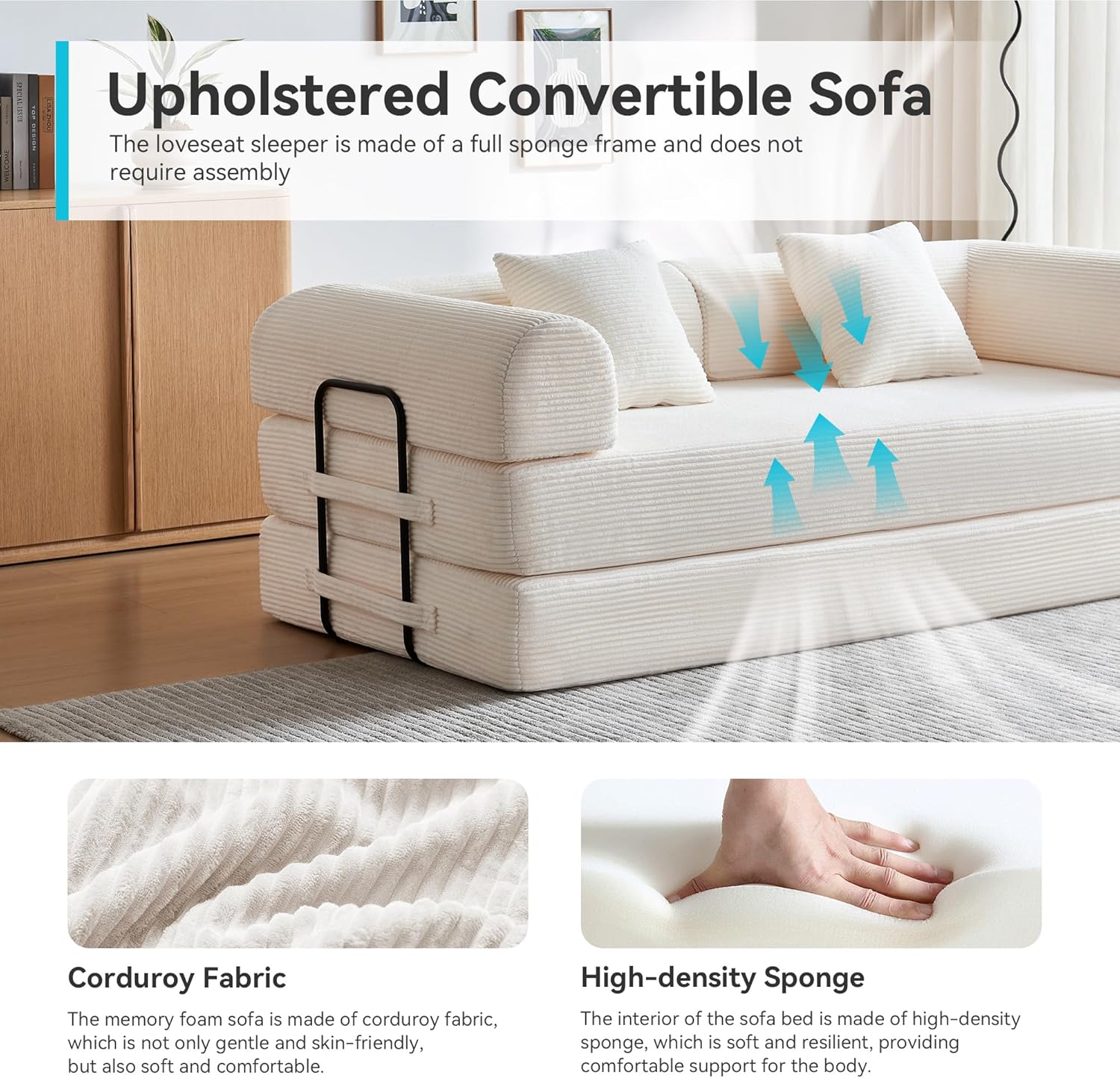 Convertible Folding Couch, 5-in-1 Futon Sofa with Armrests, Convertible Sleeper Sofa Bed Comfy Fold Out Bed for Living Room, Bedroom,Guest, Office, No Assembly Sofa for Small Spaces(Beige White)