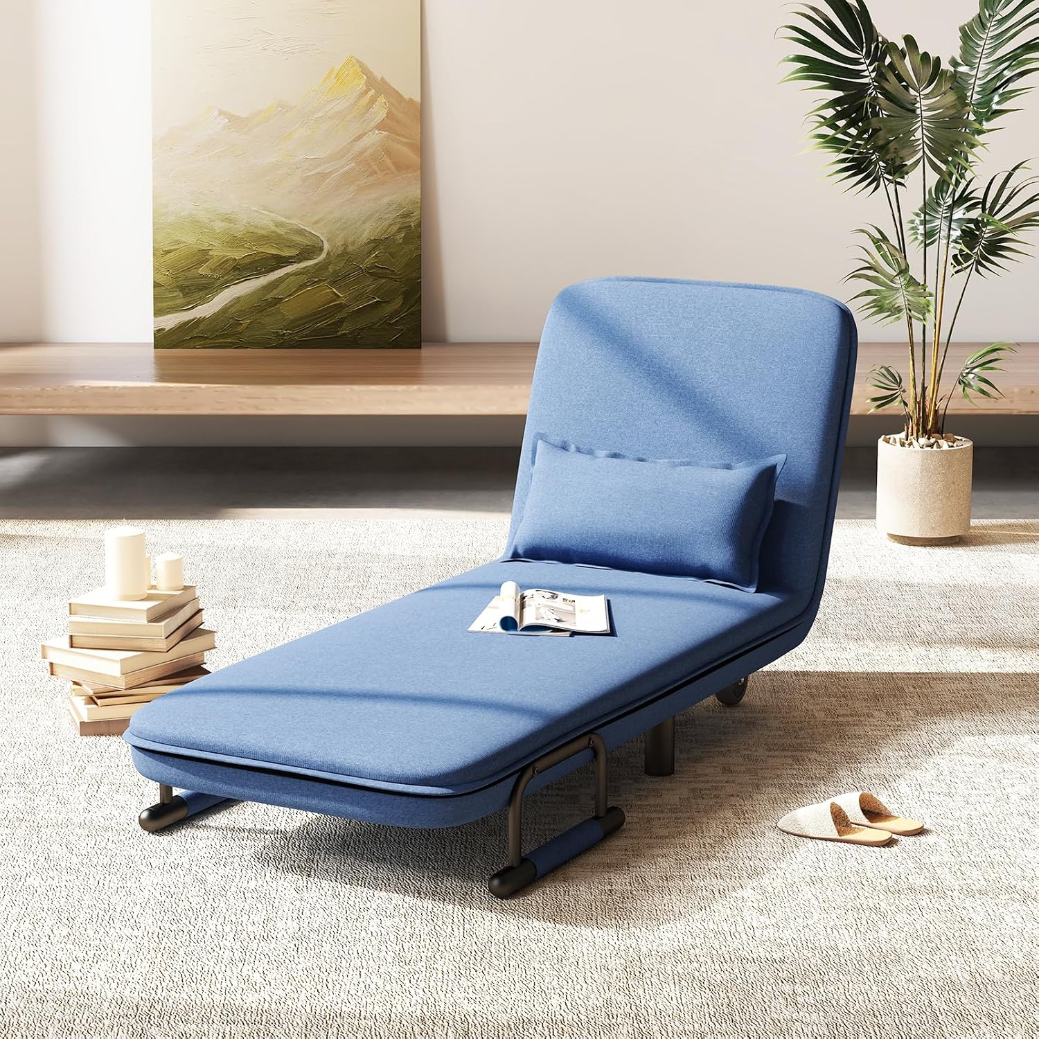 Giantex Convertible Sofa Bed, 3-in-1 Folding Sleeper Chair with 5-Position Adjustable Backrest, Wheels, 2 Legs, Recliner Chaise Lounge with Pillow, Armchairs for Nursery Living Room Office (Blue)