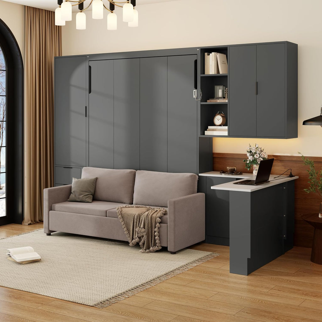 Merax Farmhouse Multi-Functional Murphy Bed with Sofa, Desk & Storage Cabinet,Solid Wood Foldable Wall Bed with/w/USB Charging Station Space Saving/No Box Spring Needed/Queen, Gray +Beige