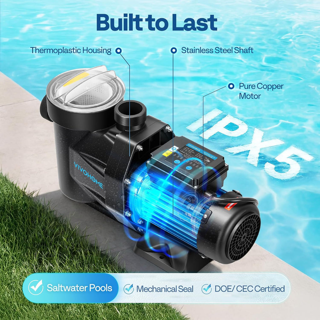 VIVOHOME Self Primming in/Above Ground Swimming Pool Pump w 1.25'' & 1.5' & 2.0'' Unions Energy Saving w/Strainer Baske, 6360 GPH