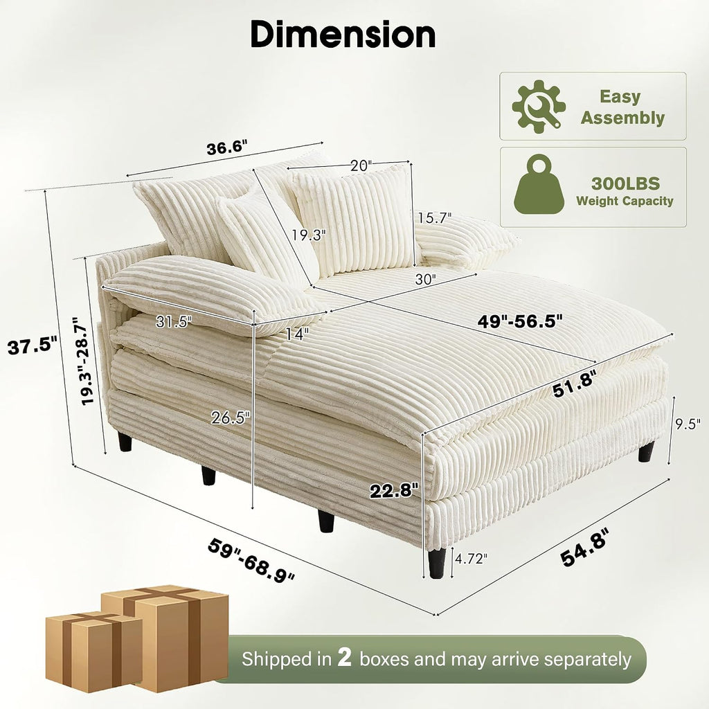WESTSETLUX 54.8' W Oversized Chaise Lounge Chair Indoor with 5-Position Adjustable Backrest, Corduroy Sleeper Sofa Bed with 3 Pillows, Modern Cloud Couch Chair for Living Room, Bedroom, Beige