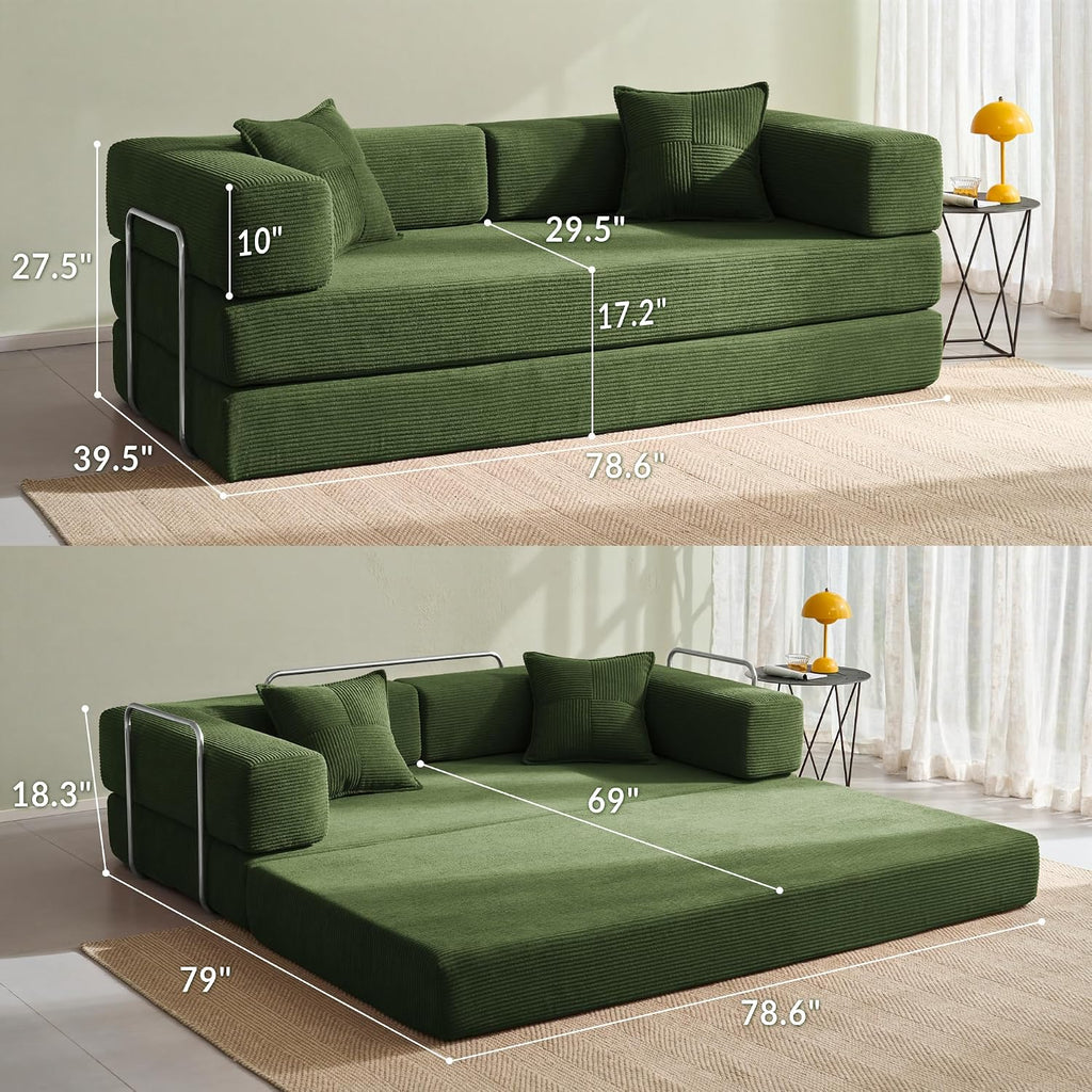 Compression Sofa - 78''Convertible Floor Sofa Bed - with Pillow Back Support Armrest - Comfy Foldable Sofa Bed Compressed Sofa in Box - Corduroy Fabric - for Living Room Bedroom (Green)