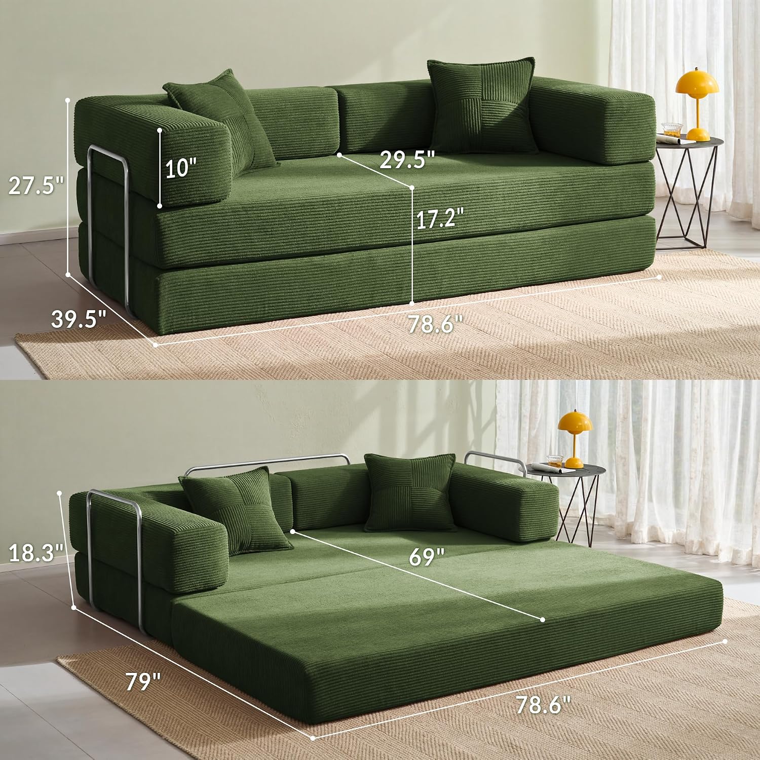 Compression Sofa - 78''Convertible Floor Sofa Bed - with Pillow Back Support Armrest - Comfy Foldable Sofa Bed Compressed Sofa in Box - Corduroy Fabric - for Living Room Bedroom (Green)