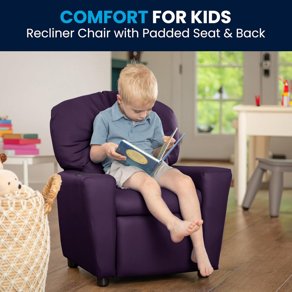 Flash Furniture Chandler Vinyl Kids Recliner with Cup Holder and Safety Recline, Contemporary Reclining Chair for Kids, Supports up to 90 lbs., Purple