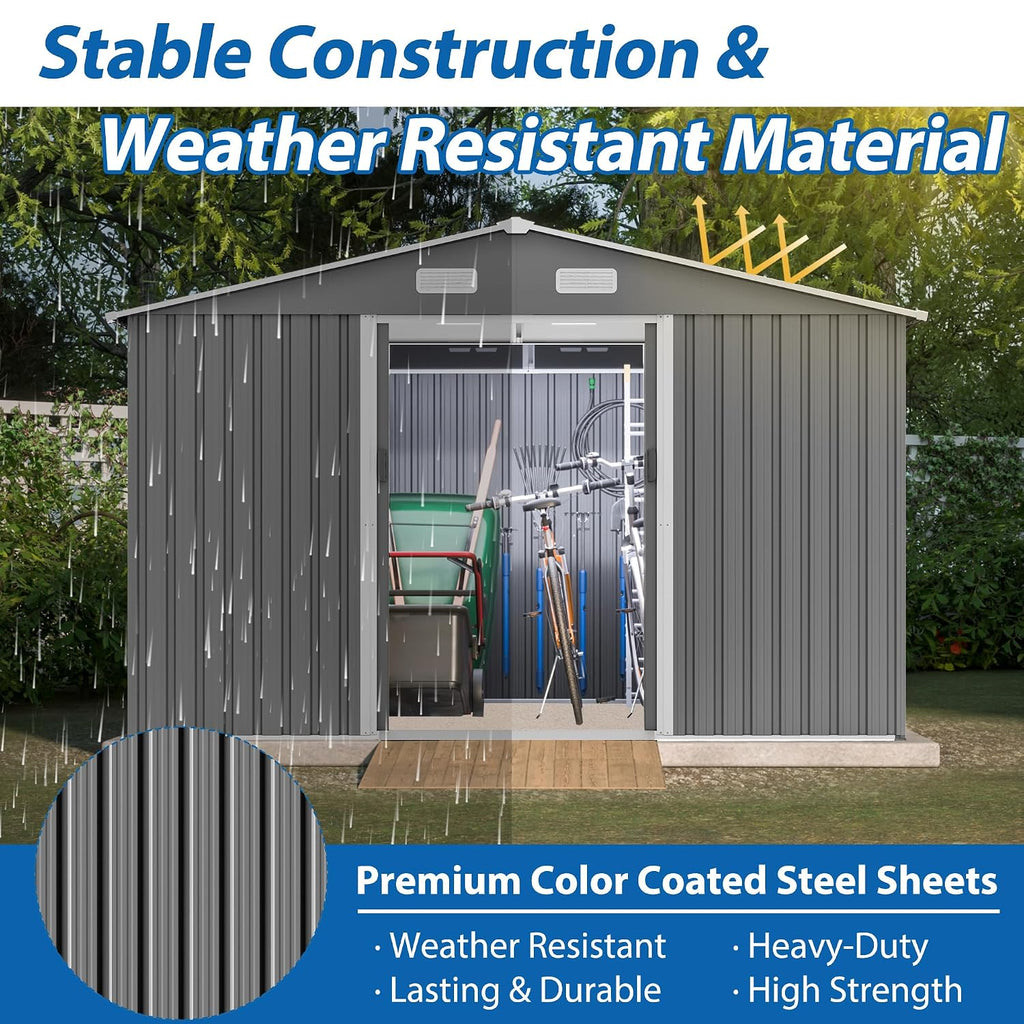 Jintop 10X8 FT Outdoor Storage Shed,Waterproof Garden Shed with Sliding Doors,All Weather Metal Heavy-Duty Tool Shed W/Vents, Foldable House for Garden Backyard, Lawn,Light Gray