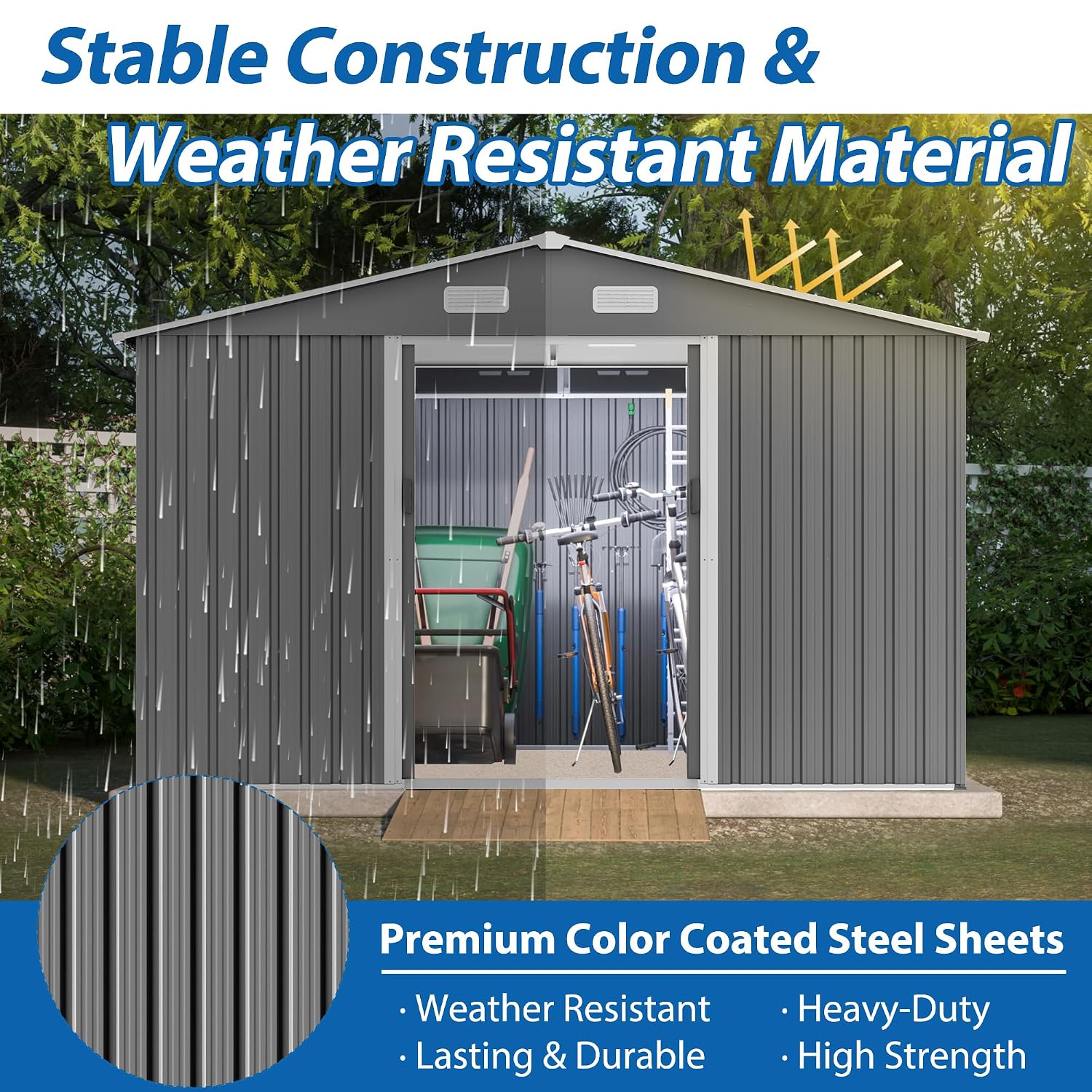 Jintop 10X8 FT Outdoor Storage Shed,Waterproof Garden Shed with Sliding Doors,All Weather Metal Heavy-Duty Tool Shed W/Vents, Foldable House for Garden Backyard, Lawn,Light Gray