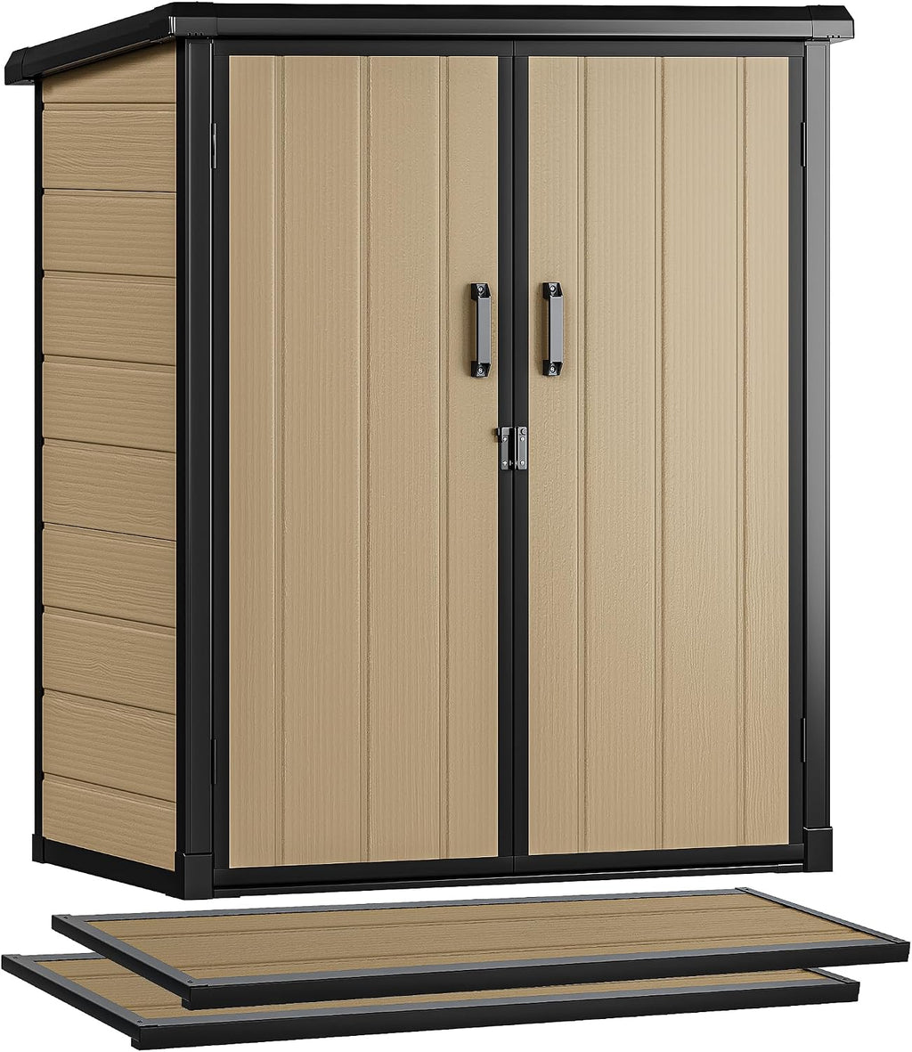 DWVO 4.2x2.6ft Outdoor Storage Shed with 2 Shelves, 54 Cu Ft Waterproof Resin Garden Shed with Floor & Lockable Door, Plastic Tool Cabinet for Garbage Cans, Lawn Equipment, Garden Supplies (Brown)
