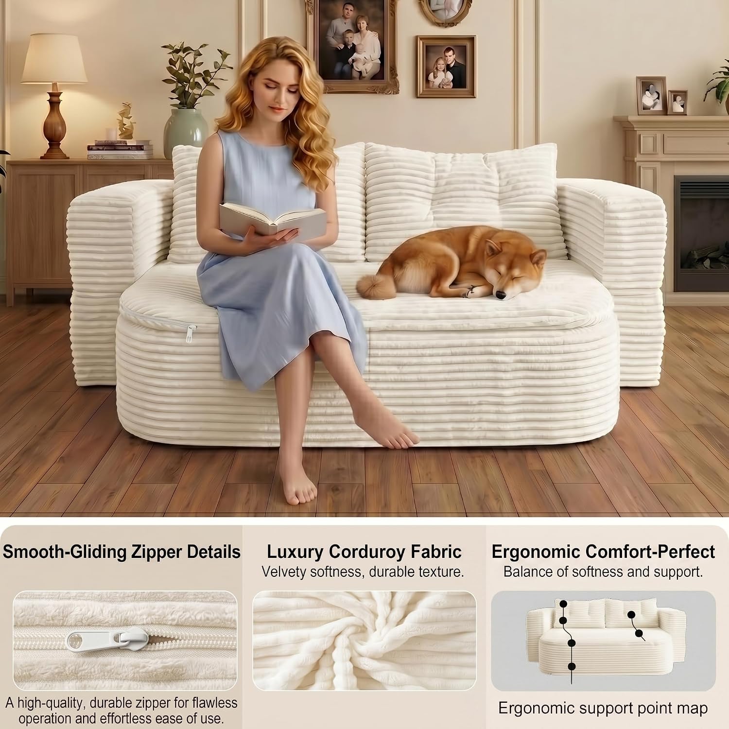 78.7-inch Folding futon Sofa Bed, Full-Size Convertible Sleeper Couch Bed, Memory Sponge Double Sofa with Comfortable Mattress, Suitable for Living Room and Guest Room (beige, 78.7 inches)