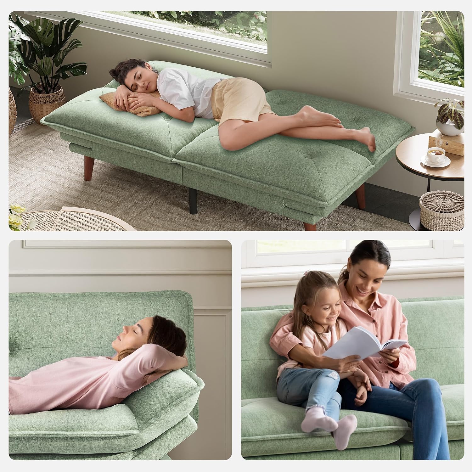LINSY HOME Futon Sofa Bed, 70' Chenille Futon Couch with Adjustable Backrest Armrest, 3 in 1 Convertible Comfy Loveseat Sleeper Sofa Bed for Small Spaces Dorm Room Apartment Home Office, Light Green