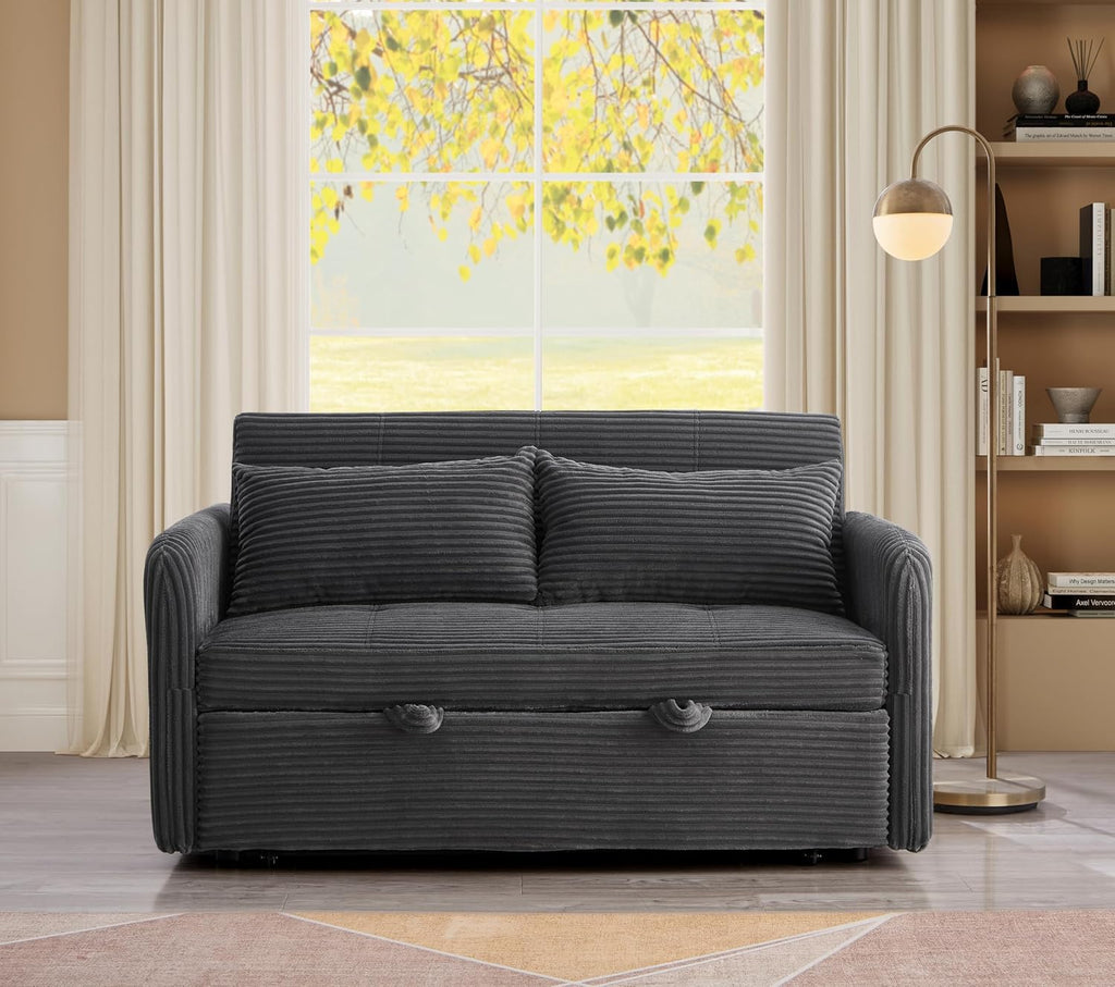55.5' Corduroy Convertible Sofa Bed, Pull Out Sleeper Sofa Bed, Loveseat Couch with USB Charging Ports, 3 in 1 Convertible Sleeper Sofa Bed for Living Room, Apartment, Bedroom, RV, Grey