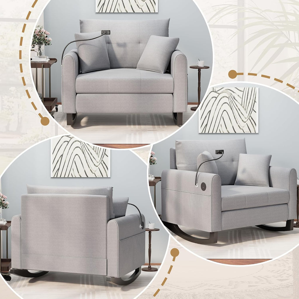 HOMREST Upholstered Oversize Rocking Chair with Adjustable Phone Handle, Nursery Rocking Chair with High Back and Side Pocket USB Port, Double Wide Rocker for Living Room, Bedroom, Nursery, Grey