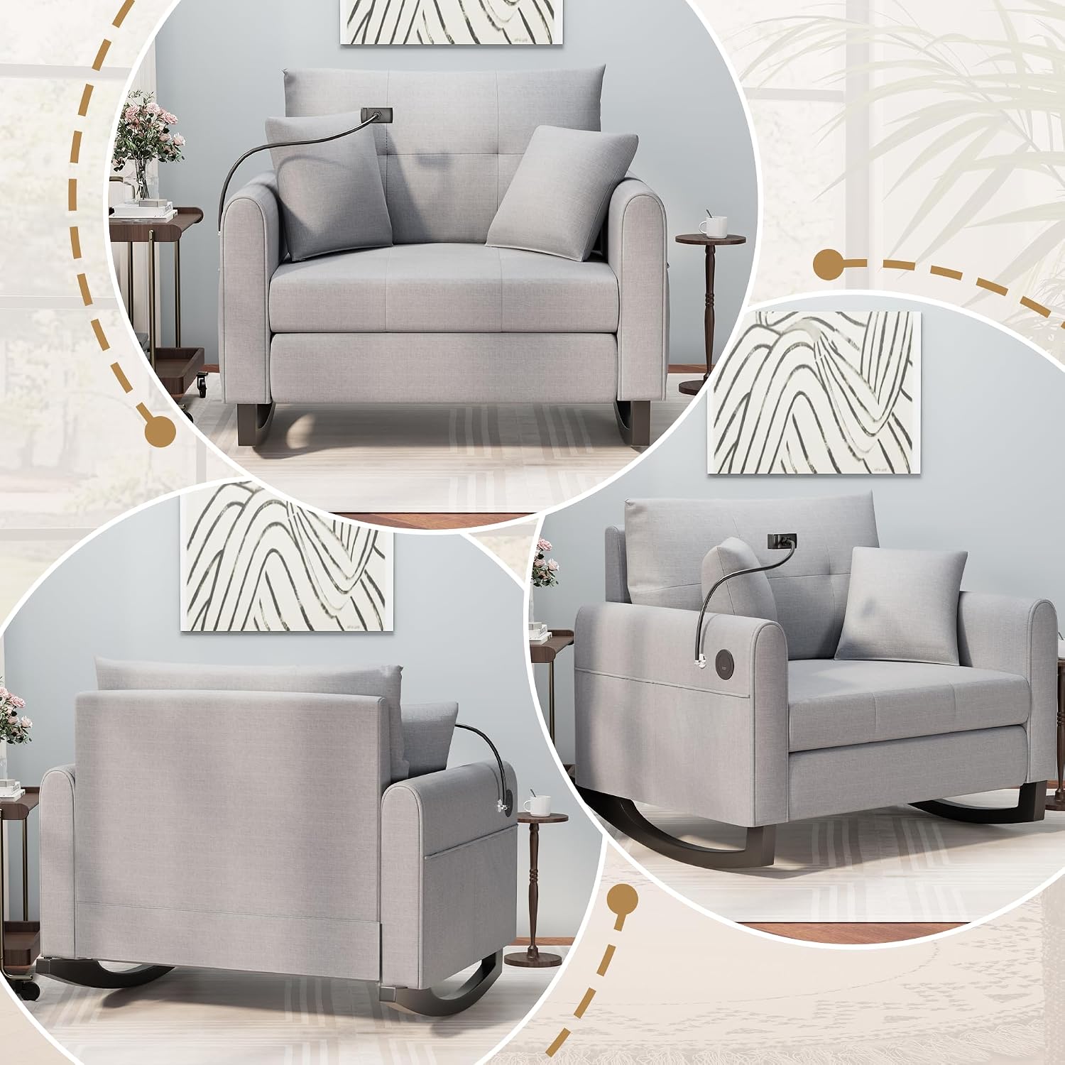HOMREST Upholstered Oversize Rocking Chair with Adjustable Phone Handle, Nursery Rocking Chair with High Back and Side Pocket USB Port, Double Wide Rocker for Living Room, Bedroom, Nursery, Grey