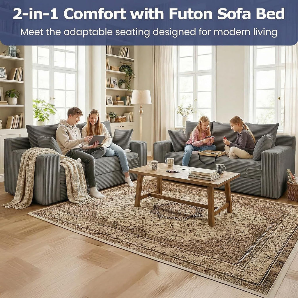 Boneless Couch for Living Room, 3 Seater Convertible Futon Sofa Bed Comfy Pull Out Couch with 5 Pillows & Detachable Washable Cover, Upholstered Floor Sofa in A Box, No Assembly Required, Grey