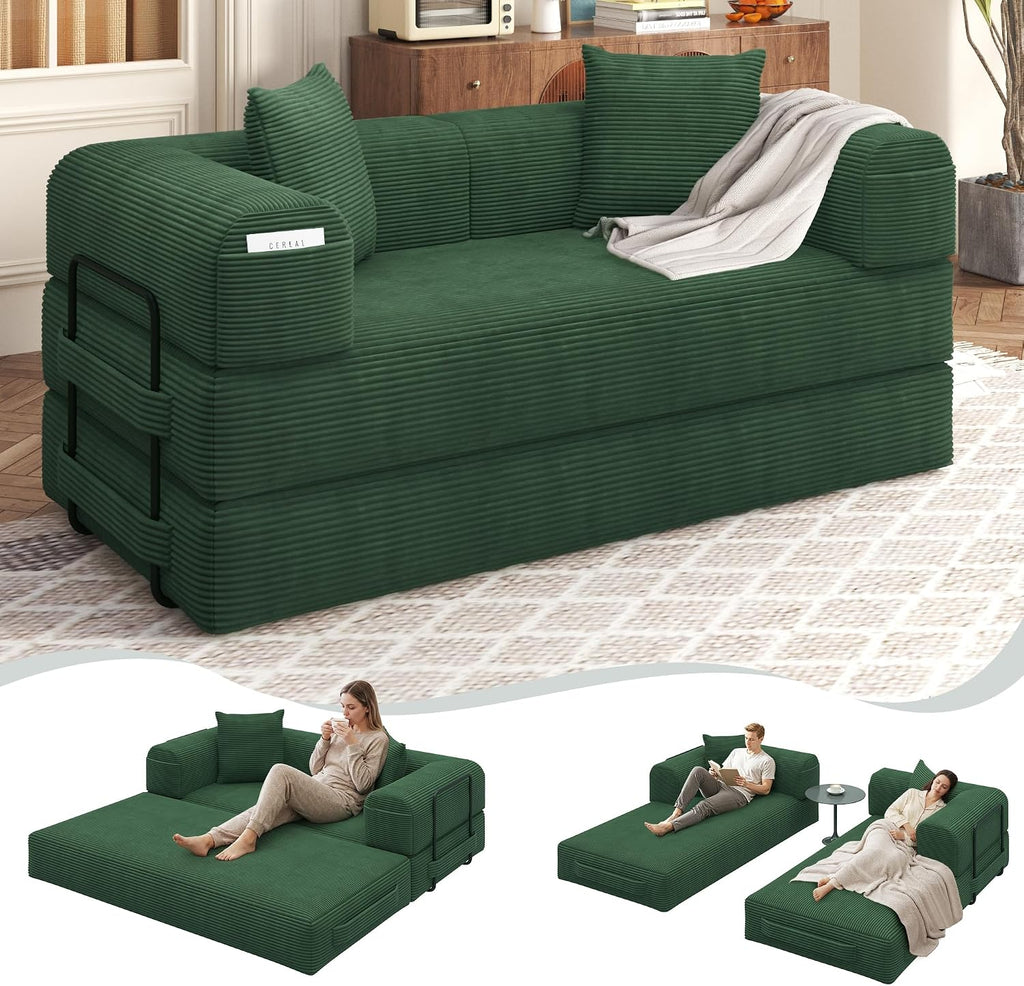 80' Convertible Sofa Bed, 5 in 1 Modular Boneless Couch Sleeper Sofa Bed with Fixed Frame & Removable Backrest Pillow, Washable Corduroy Futon Sofa Bed Couch in a Box for Small Spaces, Dark Green
