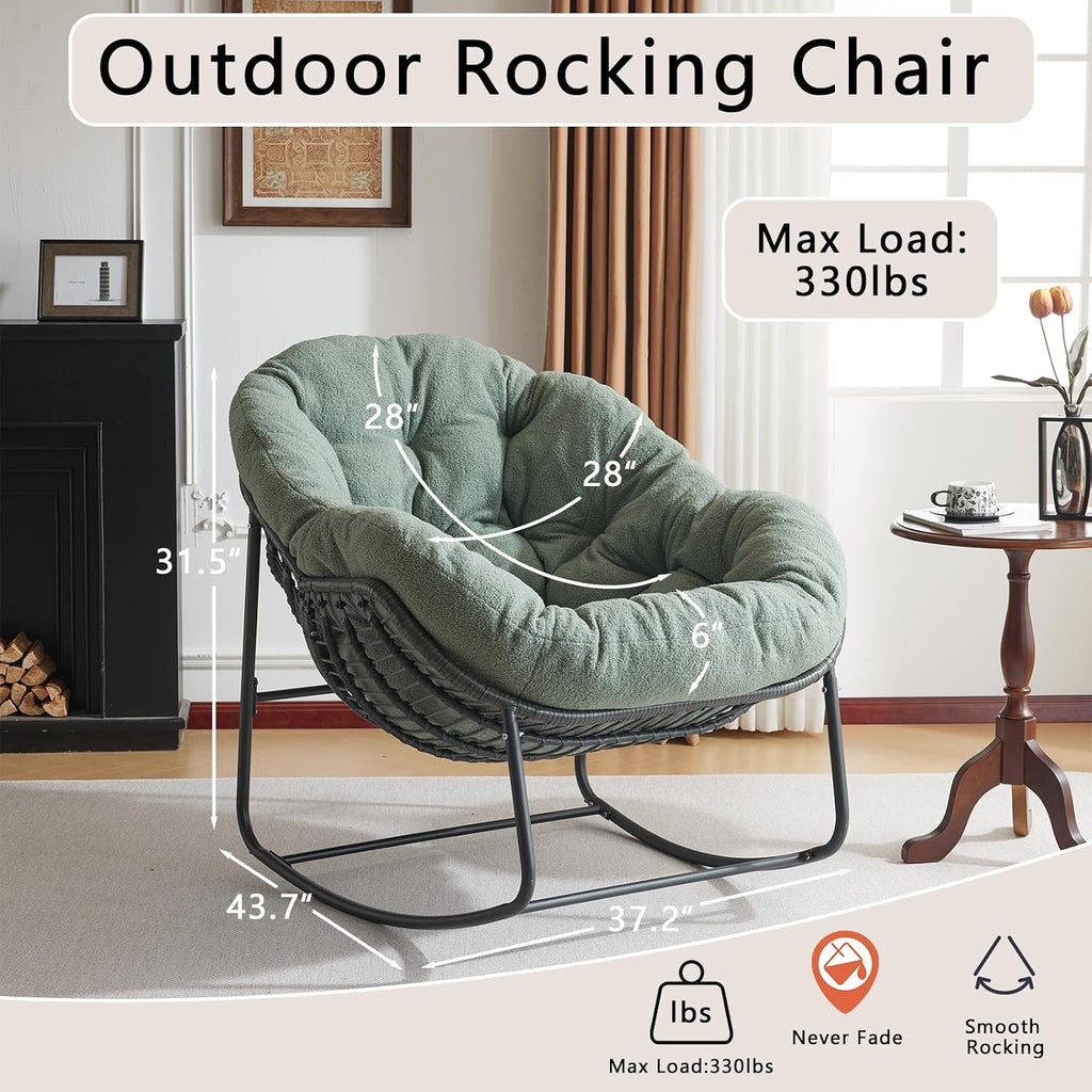 YDcosyfy Oversized Outdoor Papasan Rocking Chair Set of 2 with Soft Cushion, Comfy Patio Egg Chair, Wicker Lounge Rocker for Balcony/Porch/Garden, Reinforced All Weather Rattan Frame, Hunter Green