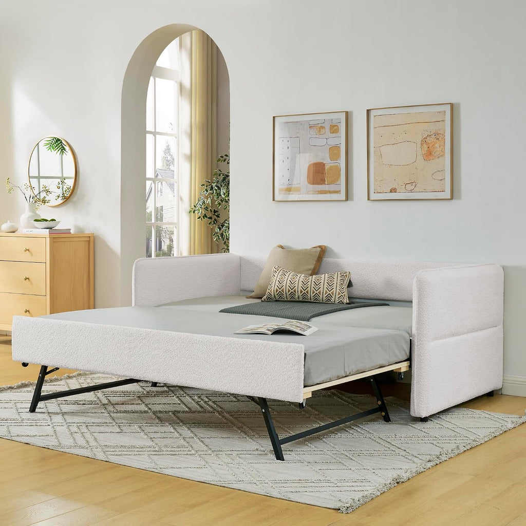 KEIKI Twin Size Upholstery Tufted Daybed with Erectable Trundle, Twin to King Design Modern Extendable Boucle Sofa Bed, Easy Assembly, No Box Spring Required, for Living Room and Bedroom, Beige