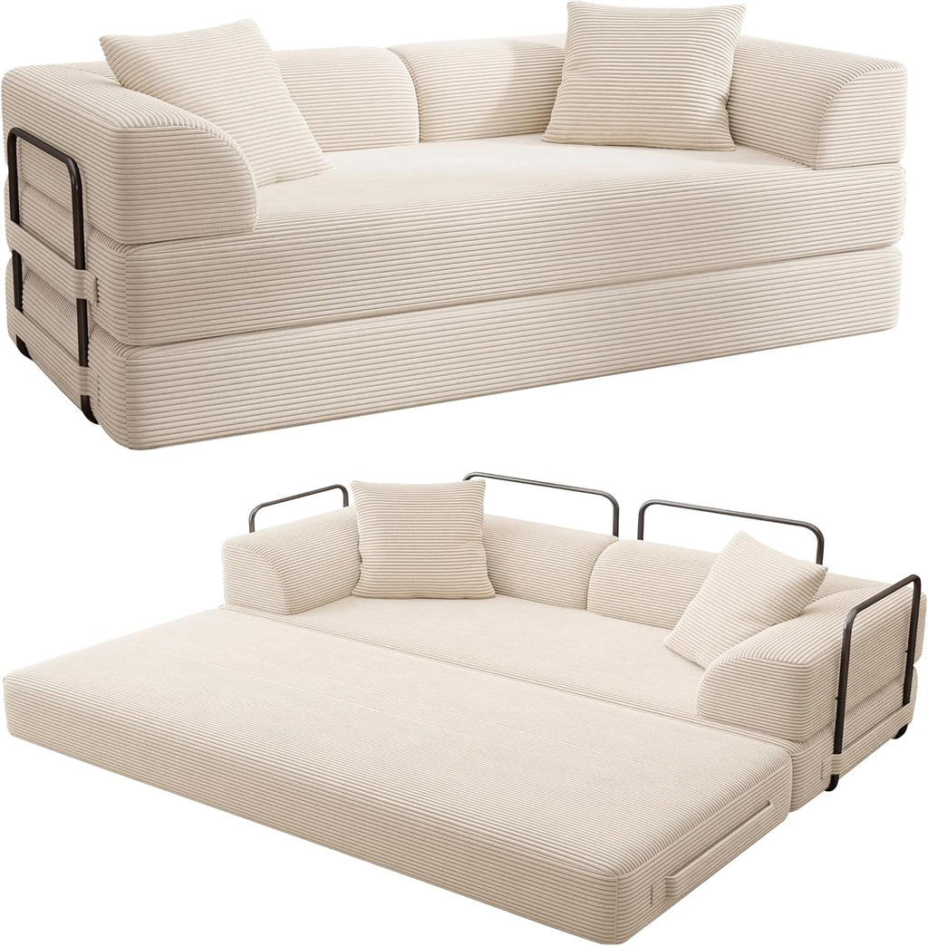 Cloud Boneless Convertible Floor Sofa Bed, 70' 5-in-1 Foldable Compressed Loveseat Lounge Sleeper 2 Seater Couches, High-Density Sponge & Corduroy Fabric Futon Daybed for Living Room Bedroom(Beige)