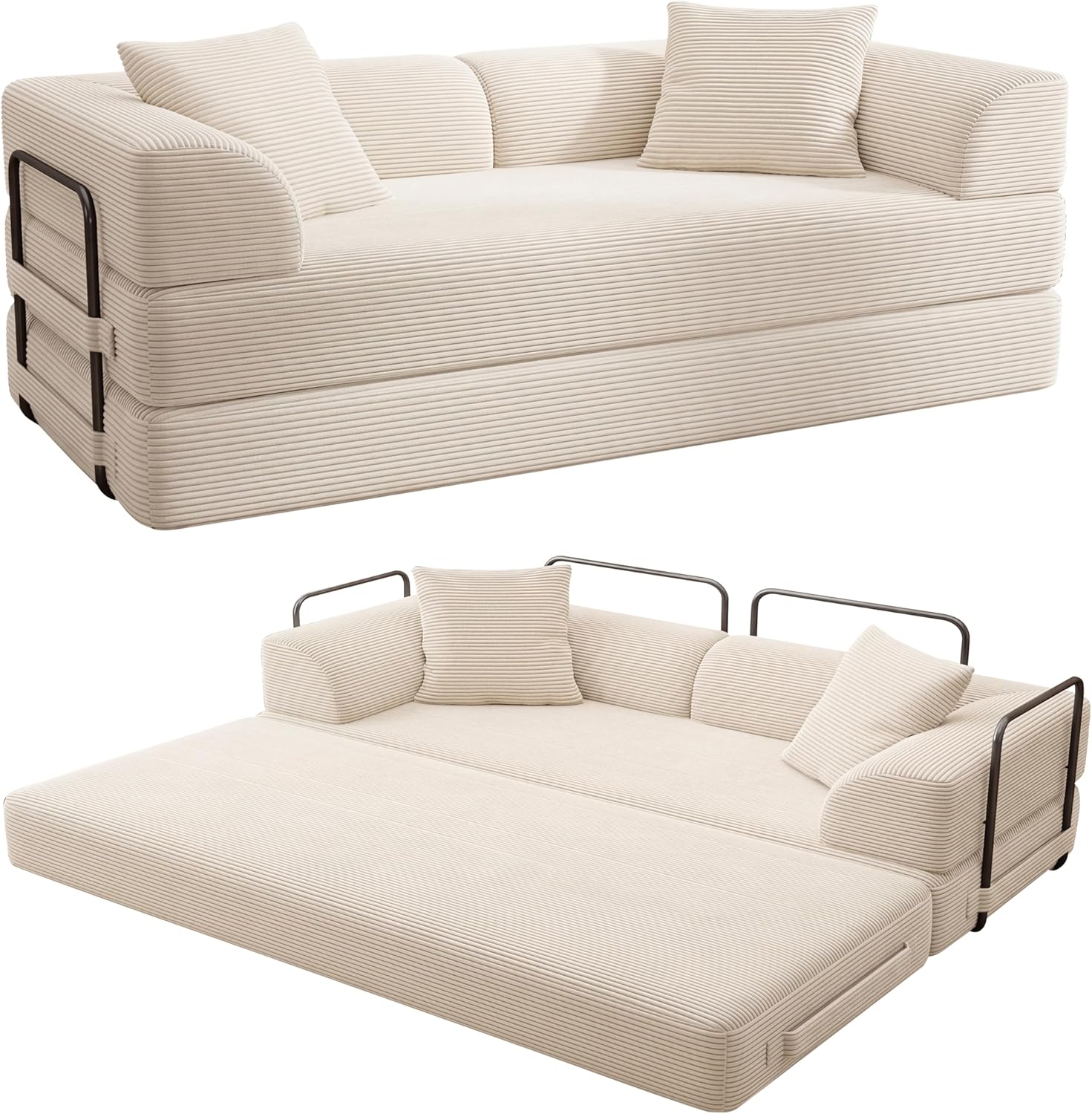 Cloud Boneless Convertible Floor Sofa Bed, 70' 5-in-1 Foldable Compressed Loveseat Lounge Sleeper 2 Seater Couches, High-Density Sponge & Corduroy Fabric Futon Daybed for Living Room Bedroom(Beige)