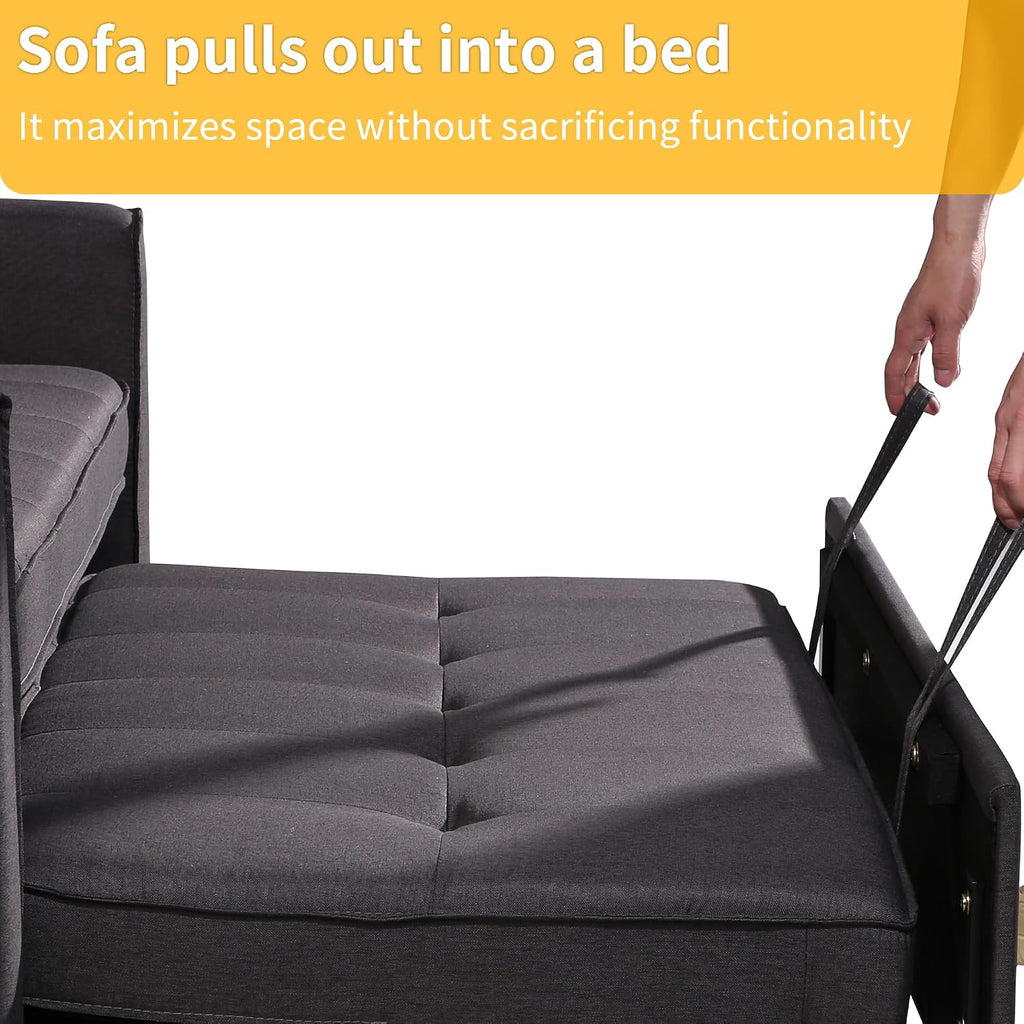 EJUNQ Pull Out Couch, Convertible Sofa Bed with USB and Reclining Backrest, Modern 3 in 1 Sleeper Sofa Couch Bed with Side Pockets, Comfortable Loveseat Sleeper for Small Spaces.(Dark Grey)