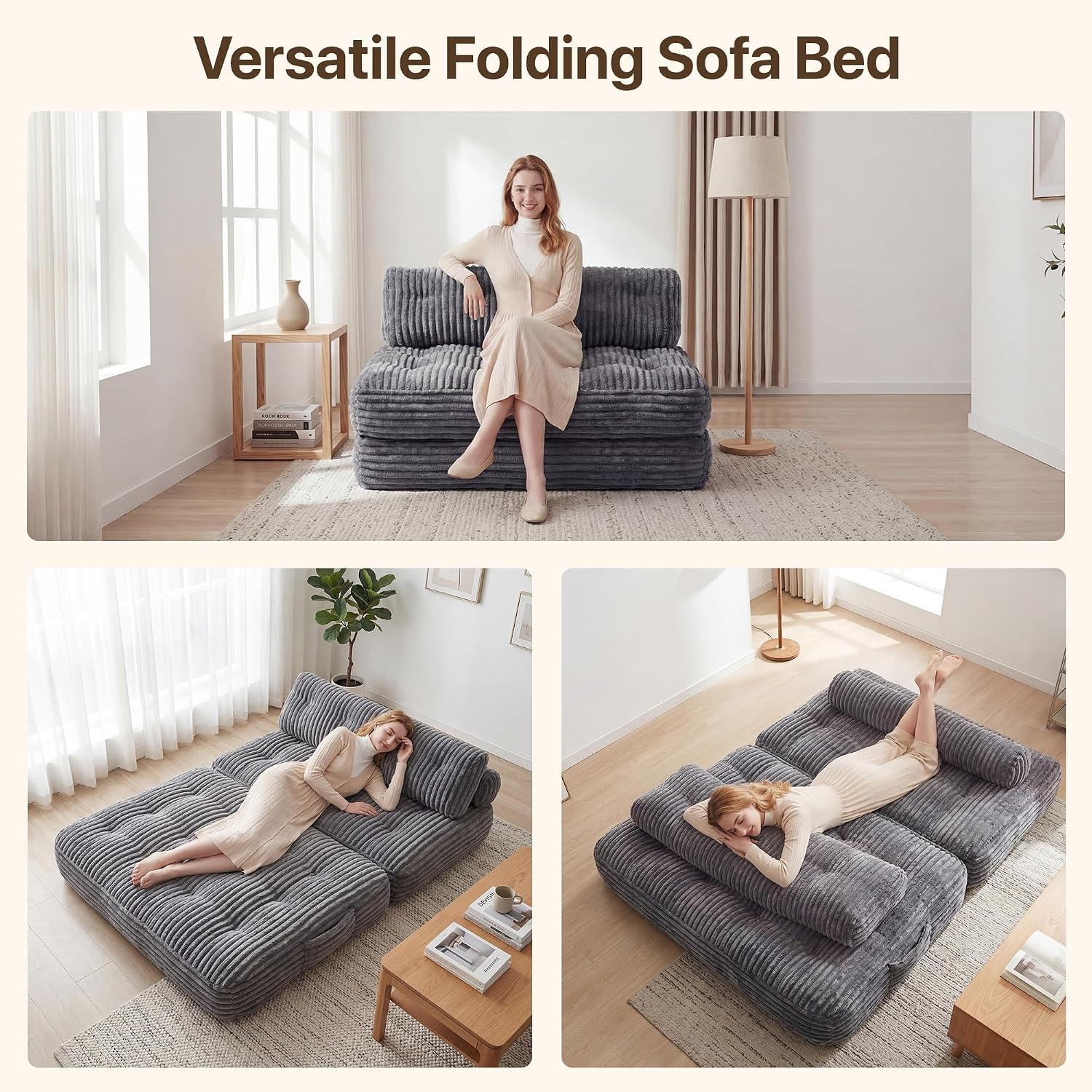 Claiks Folding Sofa Bed, Boneless Chair with Pillow Sleeper Sofa with Back Support, Sleeper Chair Portable Fold Out Chair Bed Comfy Foldable Mattress for Living Room, Dark Grey, Double