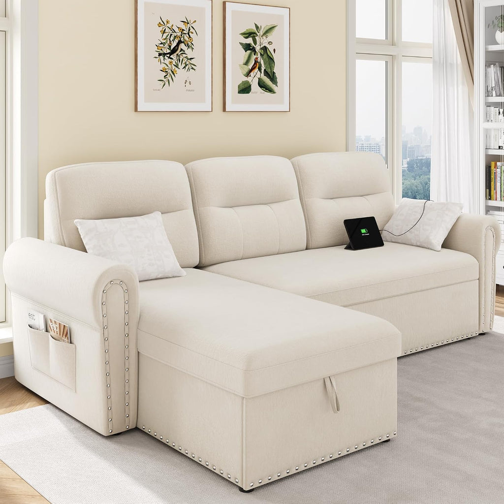 Sleeper Sofa Bed, 83'' Pull Out Couch Bed with Reversible Storage Chaise & Nailhead Armrest, Sectional Couches for Living Room, Side Pocket & Charging Station, Removable Backrest, Velvet Fabric, Beige