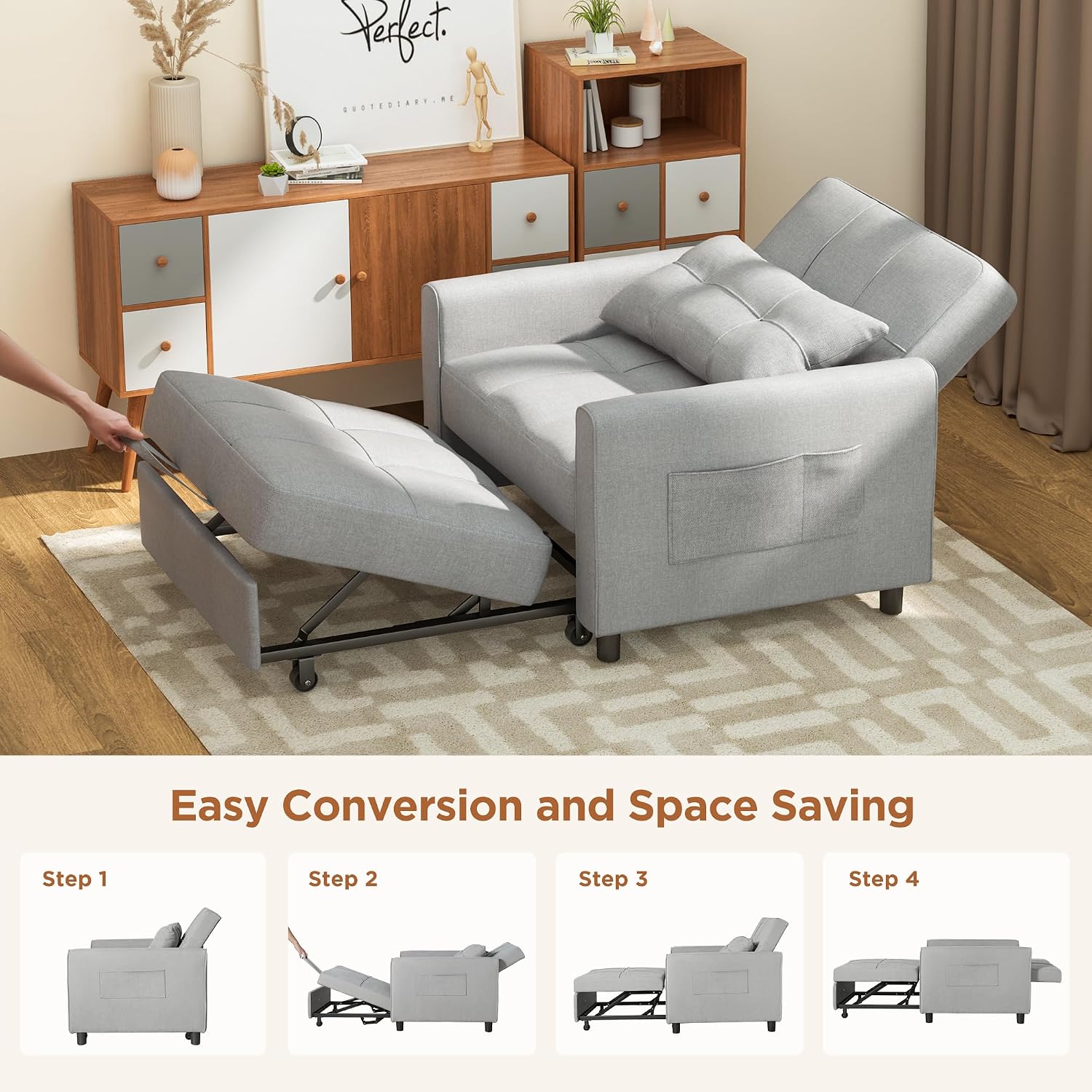 Aiho 34-Inch Sleeper Chair Bed, 3-in-1 Convertible Pull-Out Sofa Bed with Modern Linen Fabric for Living Room or Apartment (Light Gray)