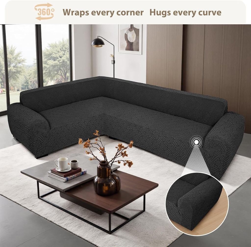 Sectional Couch Covers L Shape Sofa Cover 1-Piece Stretch Corner Couch Covers Non Slip Washable Sofa Slipcovers Soft Fleece Furniture Protector for Dogs Pet (Medium, Black)