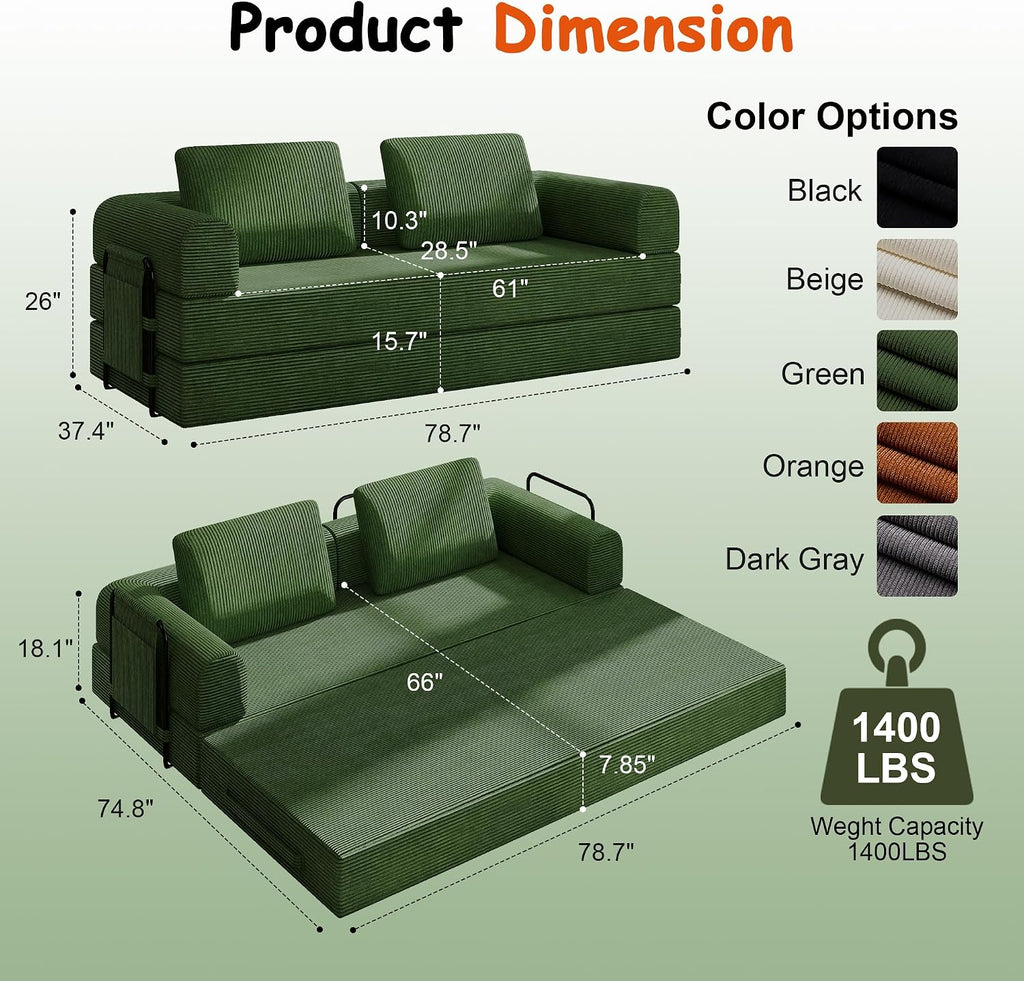 78' Convertible Sofa Bed, 5-in-1 Boneless Sleeper Sofa with with Fixed Frame & Pocket, Corduroy Pull Out Couch with 2 Pillows, Couch Bed for Living Room, Small Spaces, Bedroom, No Assembly
