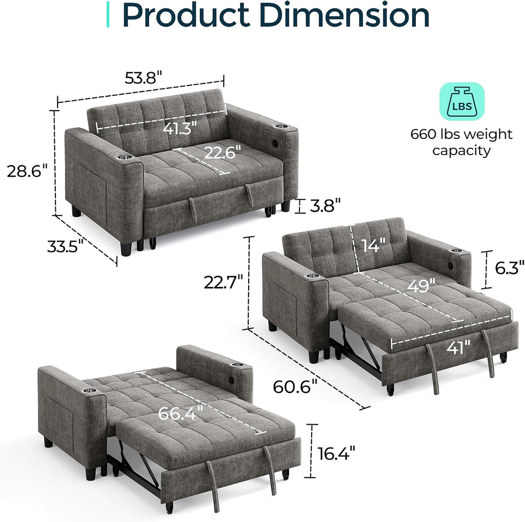 LINSY 3-in-1 Convertible Sofa Bed, 54' Pull Out Sleeper Sofa with Charging Station & Cup Holder, Small Folding Loveseat with Side Pocket for Small Space, Dark Gray