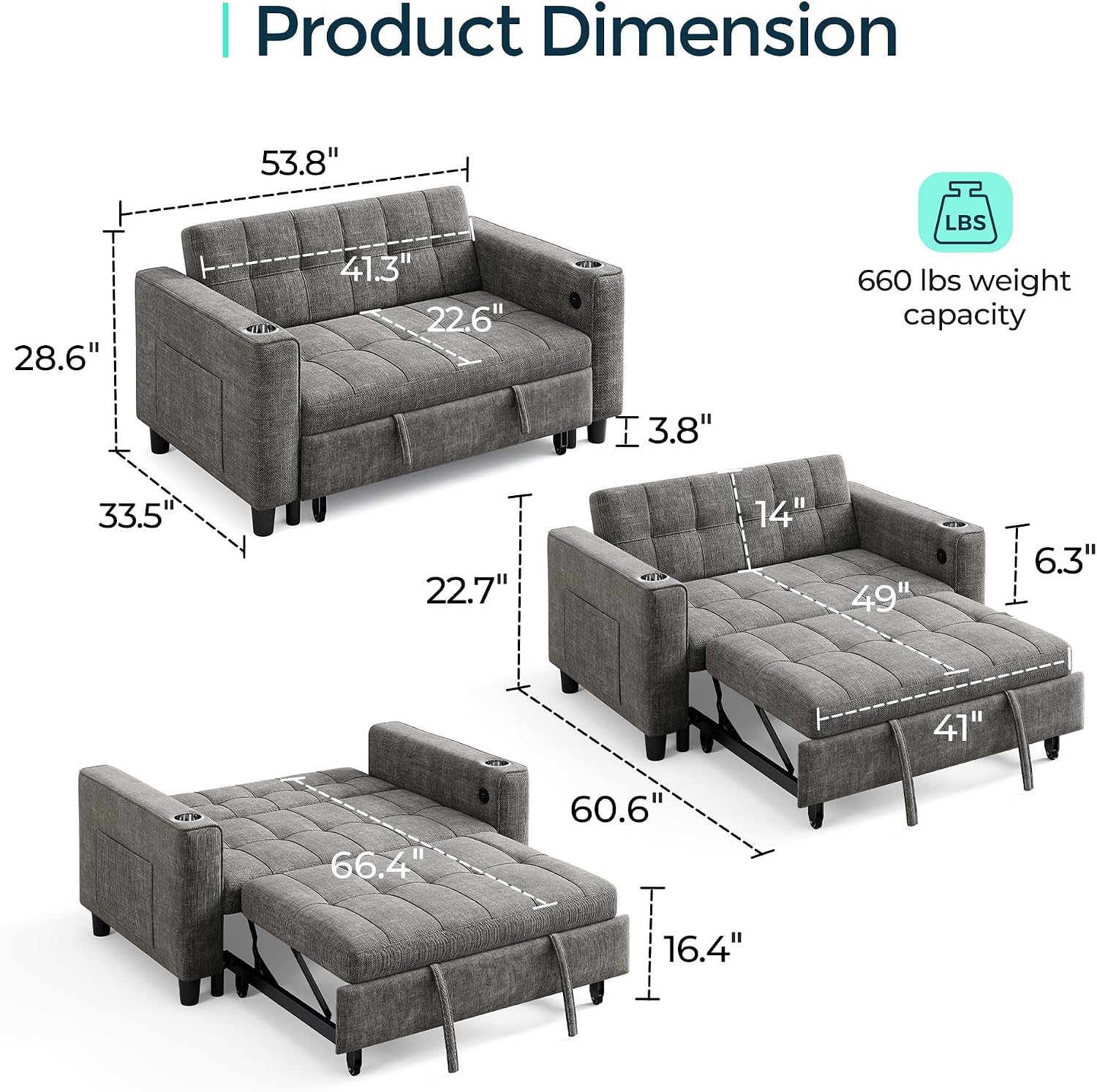 LINSY 3-in-1 Convertible Sofa Bed, 54' Pull Out Sleeper Sofa with Charging Station & Cup Holder, Small Folding Loveseat with Side Pocket for Small Space, Dark Gray