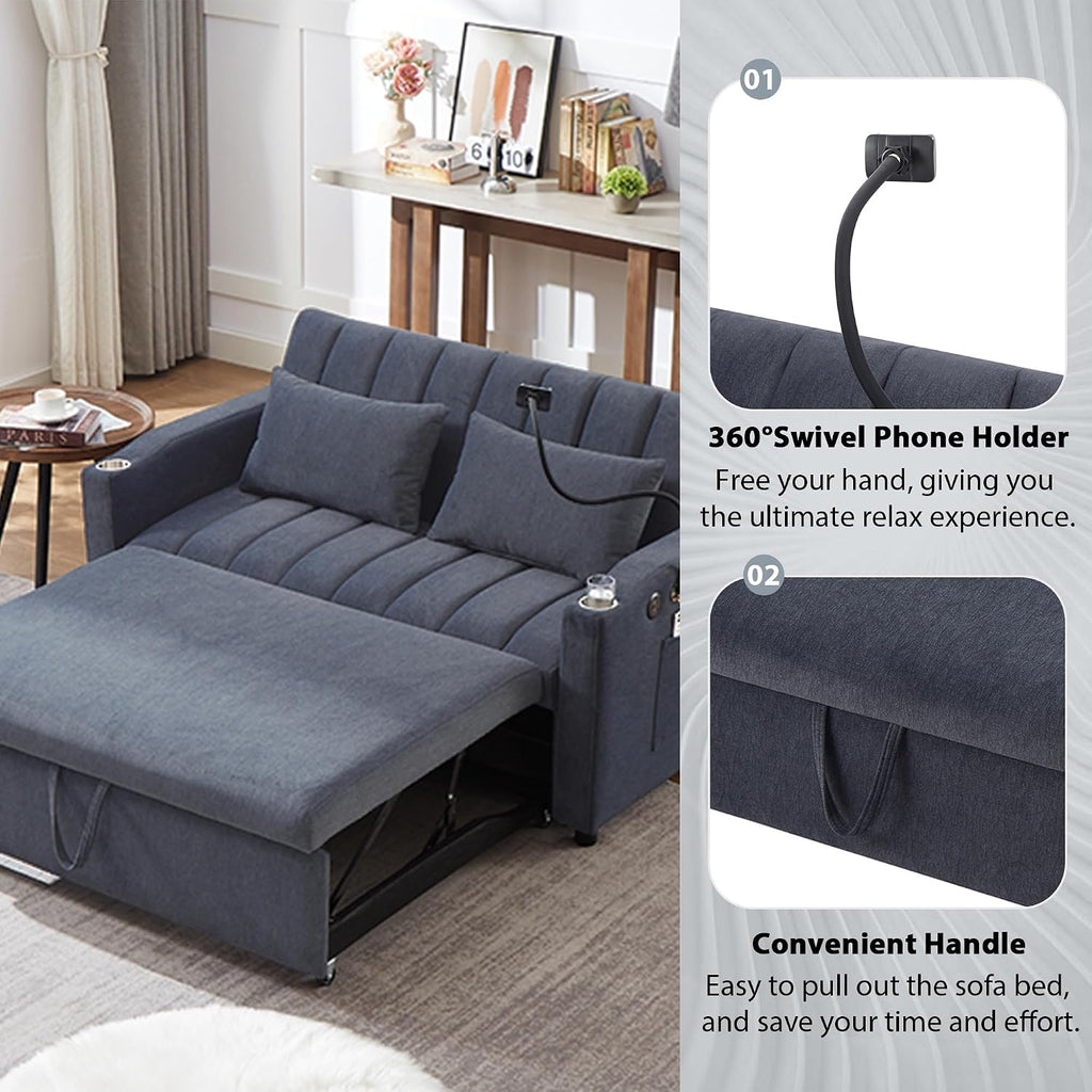 LUMISOL 3-in-1 Convertible Sleeper Sofa Bed, 55.9' Loveseat Pull Out Bed with USB Ports, Cup Holders, Swivel Stand & Storage Pockets, Modern Tufted Sofa Bed with Pillows, Blue Grey