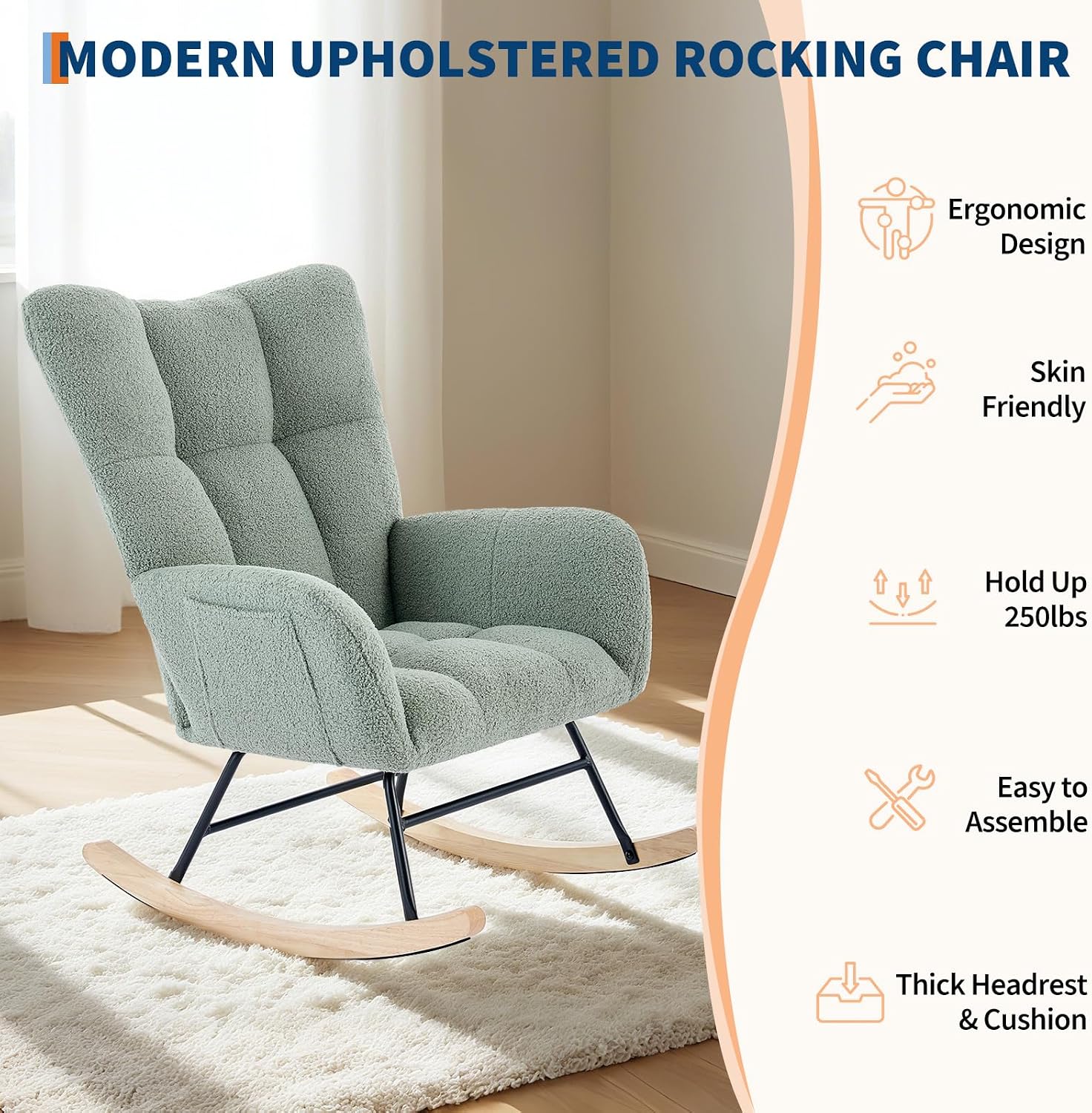 300lb Capacity Nursery Glider Rocker,Teddy Upholstered with Wood Legs for Living Room,Bedroom Nursery Includes Side Pockets
