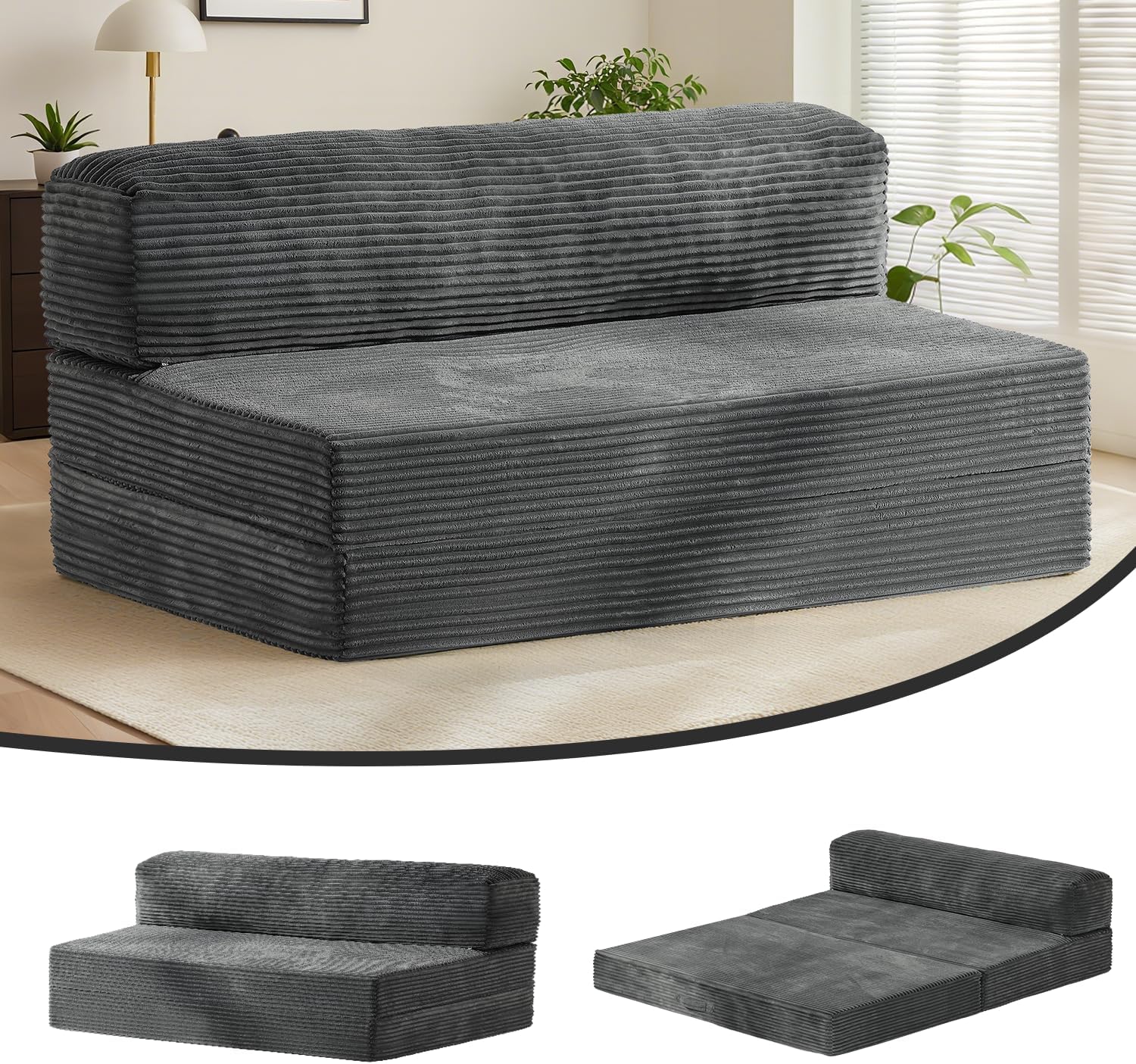 Folding Futon Sofa Bed Full Size, 6 inch Convertible Floor Couch Bed with Removable Corduroy Cover, Pull Out Couch for Small Spaces High-Density Foam,Grey