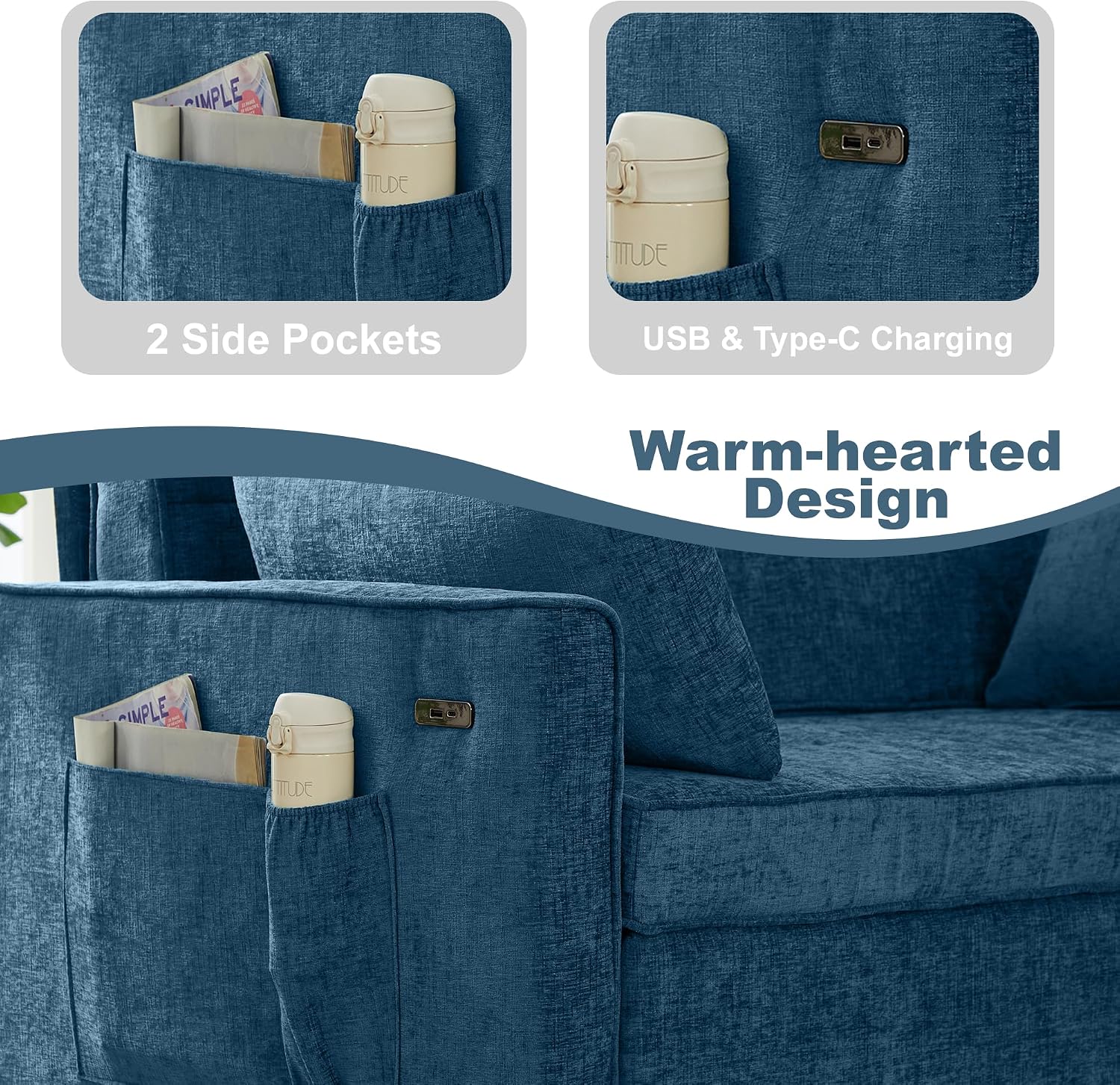 Tbfit 57' Love Seat Sleeper Bed, Convertible Pull Out Couch Bed, Chenille Loveseat Sofa Bed with USB & Adjustable Backrest, Full Size Pull Out Couches for Living Room, Apartment, Office, Dorm, Blue
