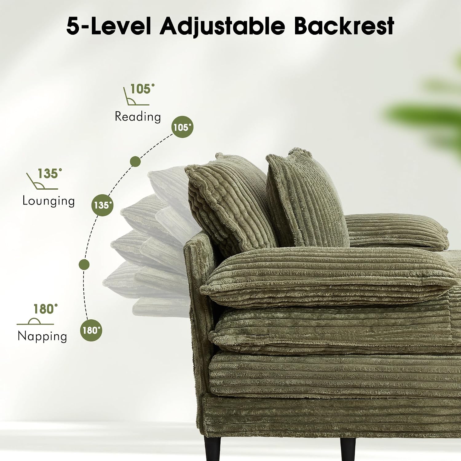 WESTSETLUX 54.8' W Oversized Chaise Lounge Chair Indoor with 5-Position Adjustable Backrest, Corduroy Sleeper Sofa Bed with 3 Pillows, Modern Cloud Couch Chair for Living Room, Bedroom, Green