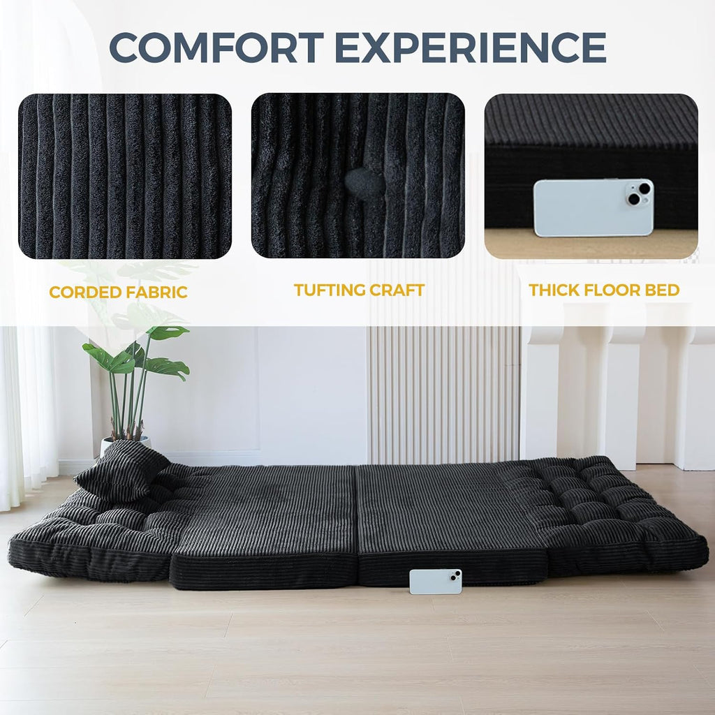 MAXYOYO Folding Sofa Bed, Tufted Bean Bag Bed with Pillows Floor Mattress for Adults, Extra Thick and Long Floor Sofa, Twin Couch for Bedroom Living Room, Black, 39x91 Inch