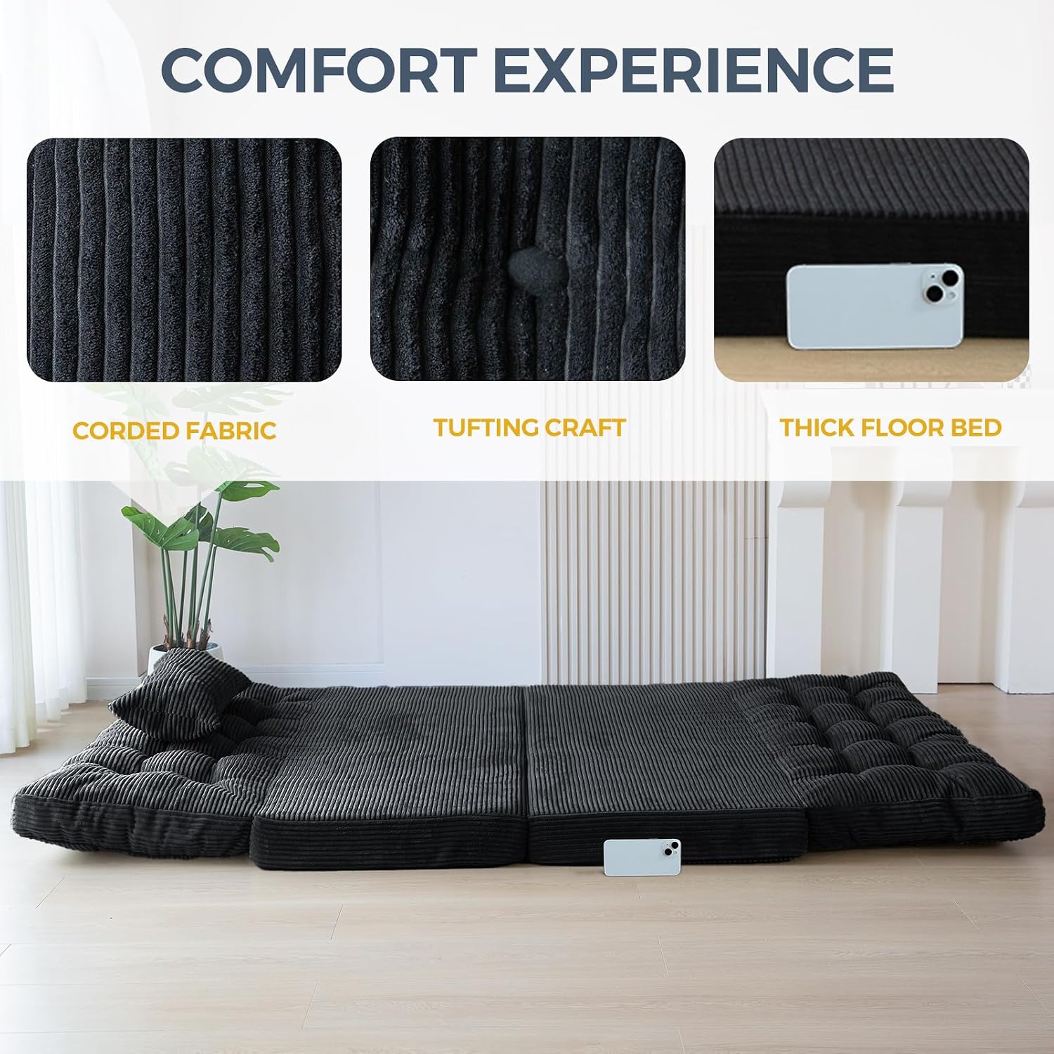 MAXYOYO Folding Sofa Bed, Tufted Bean Bag Bed with Pillows Floor Mattress for Adults, Extra Thick and Long Floor Sofa, Twin Couch for Bedroom Living Room, Black, 39x91 Inch