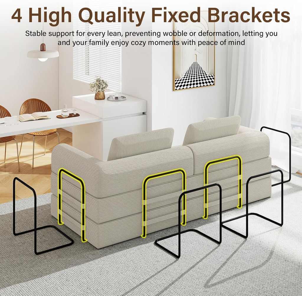 78'' Sleeper Couch Bed for Living Room, Convertible Modular Sofa with Fixed Frame and Side Pocket, Corduroy Futon Boneless Couches in a Box, No Assembly, Beige
