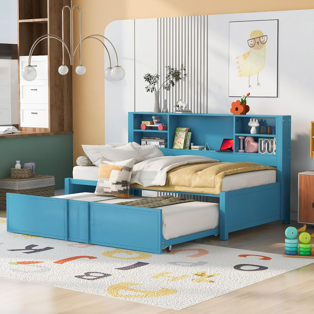 Harper & Bright Designs Twin Bed with Trundle and Storage Bookcase, USB Ports, Solid Wood Platform Bed Frame Twin Size Daybed Sofa Bed for Bedroom Living Room (Twin Size, Blue)