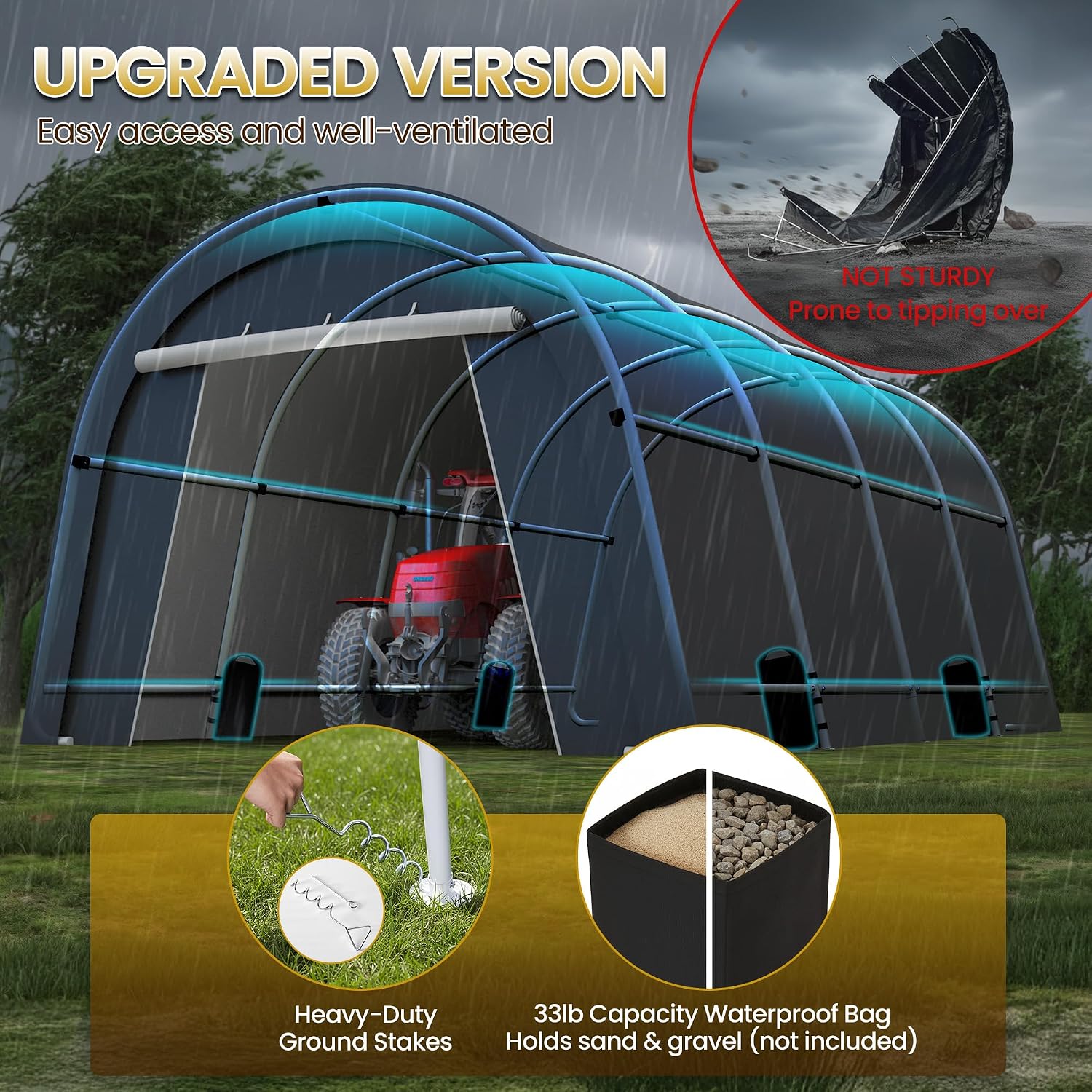 Kiss the Water Domed Carport with 4 Cloth Bags, Portable Garage with 2 Roll-up Doors, Heavy Duty Car Canopy Party Tent, All-Season Storage Shelter Shed for Cars, Truck, or Garden Tools, 13' x 20'