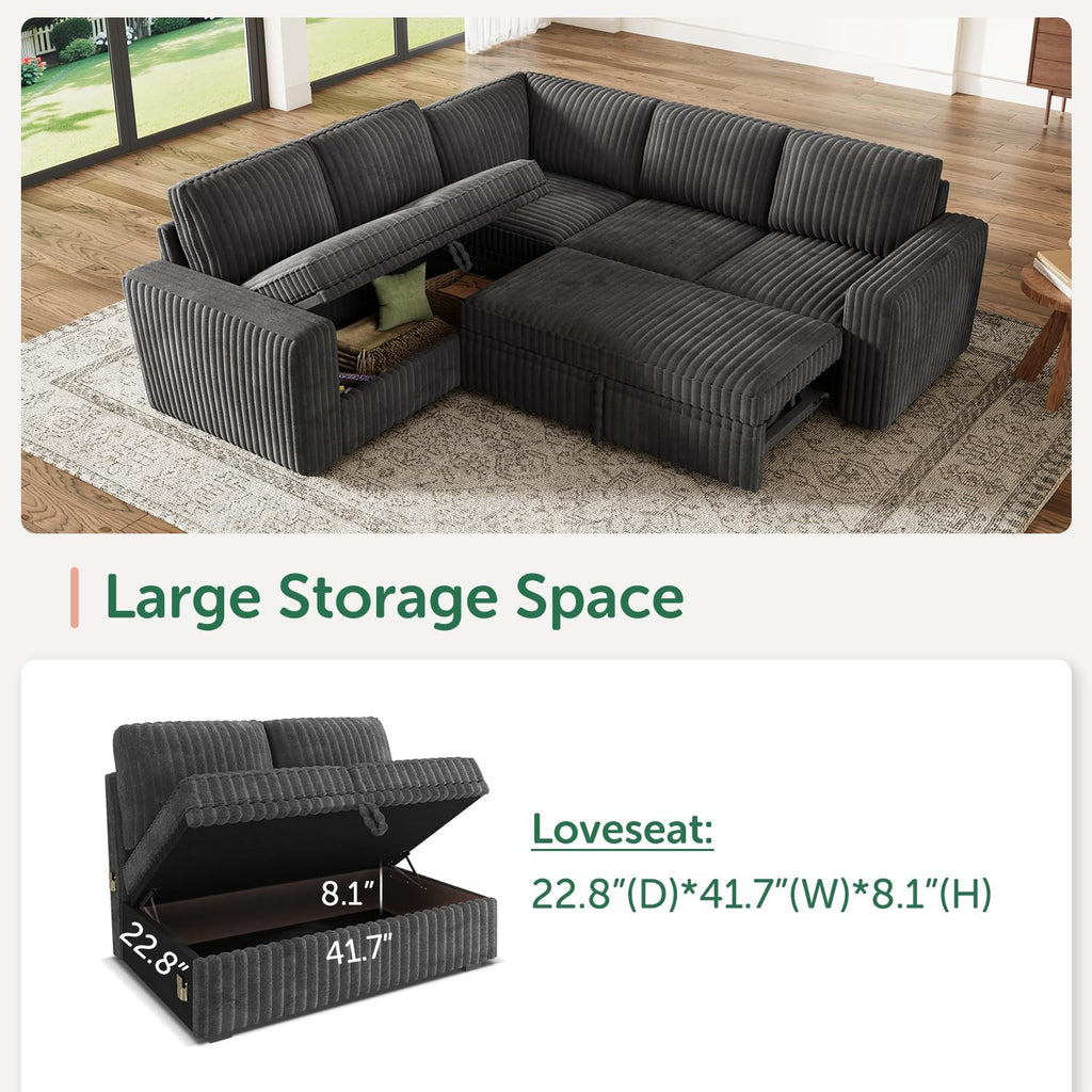 HONBAY Modular Sectional Sleeper Sofa with Pull Out Bed,Corduroy L Shaped Couch with Storage, Sectional Couches for Living Room,Dark Grey